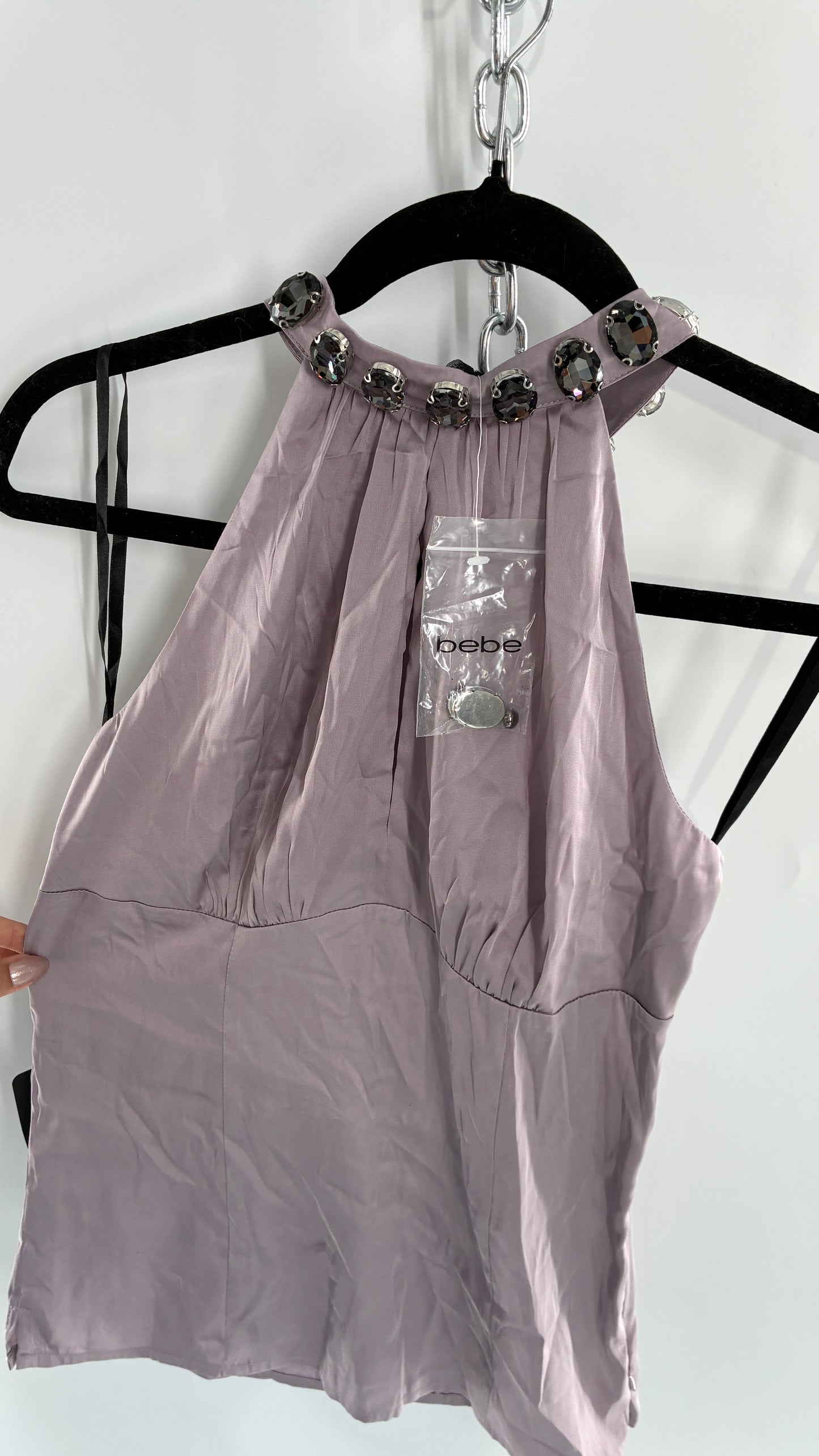 Deadstock Vintage BEBE Silky Dusty Purple Halter with Oversized Rhinestone Choker (XS)
