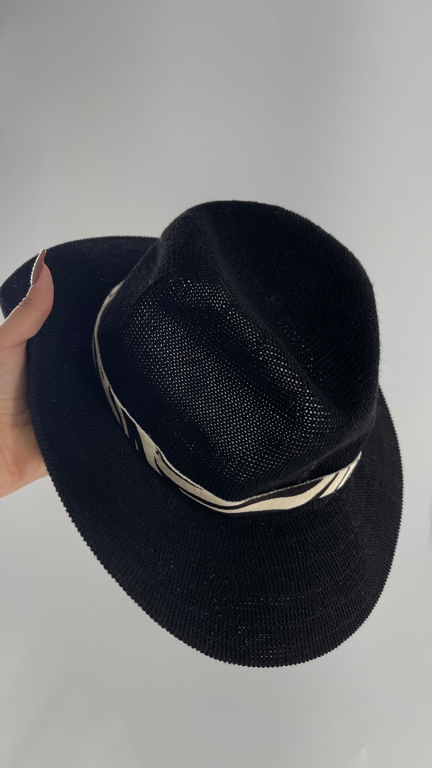 Free People Black 55% Cotton Woven Sun Hat with Textured Fur Belt