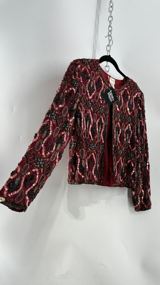 Vintage Beaded STENAY Burgundy Maroon Jacket (Medium)