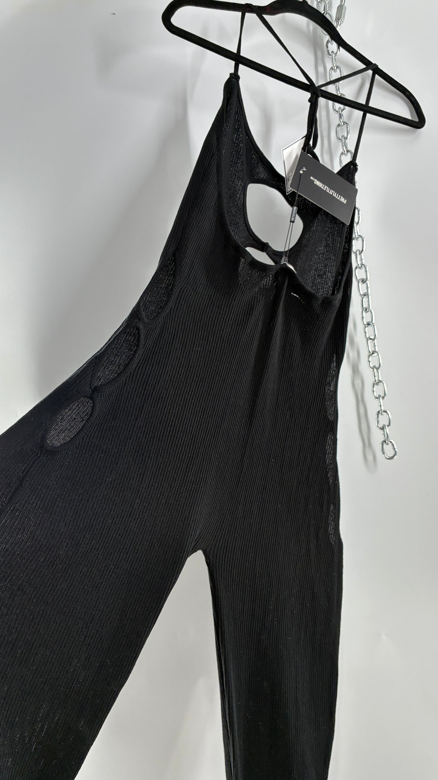 Pretty Little Thing Black Sheer Knit Cut Out Halter Neck Jumpsuit with Tags (Large)