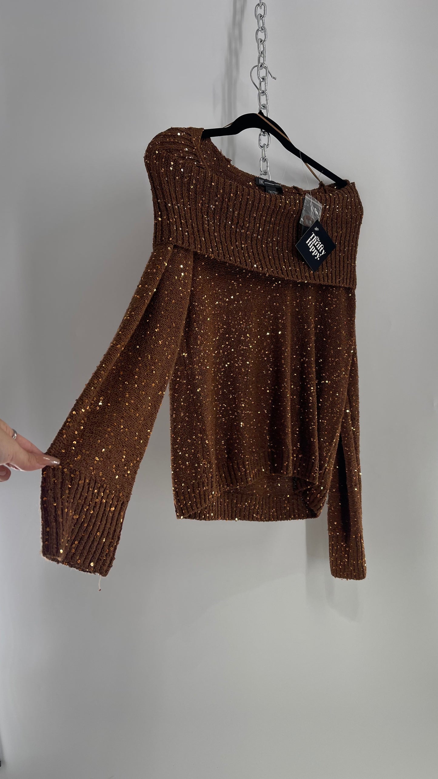 INC Bronze Knit Off the Shoulder Sweater with Sequins (XL)