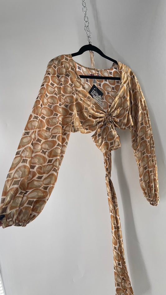 Urban Outfitters Shimmer Top Balloon Sleeve Gold Retro Print Cut Out Tie Around Blouse (Medium)