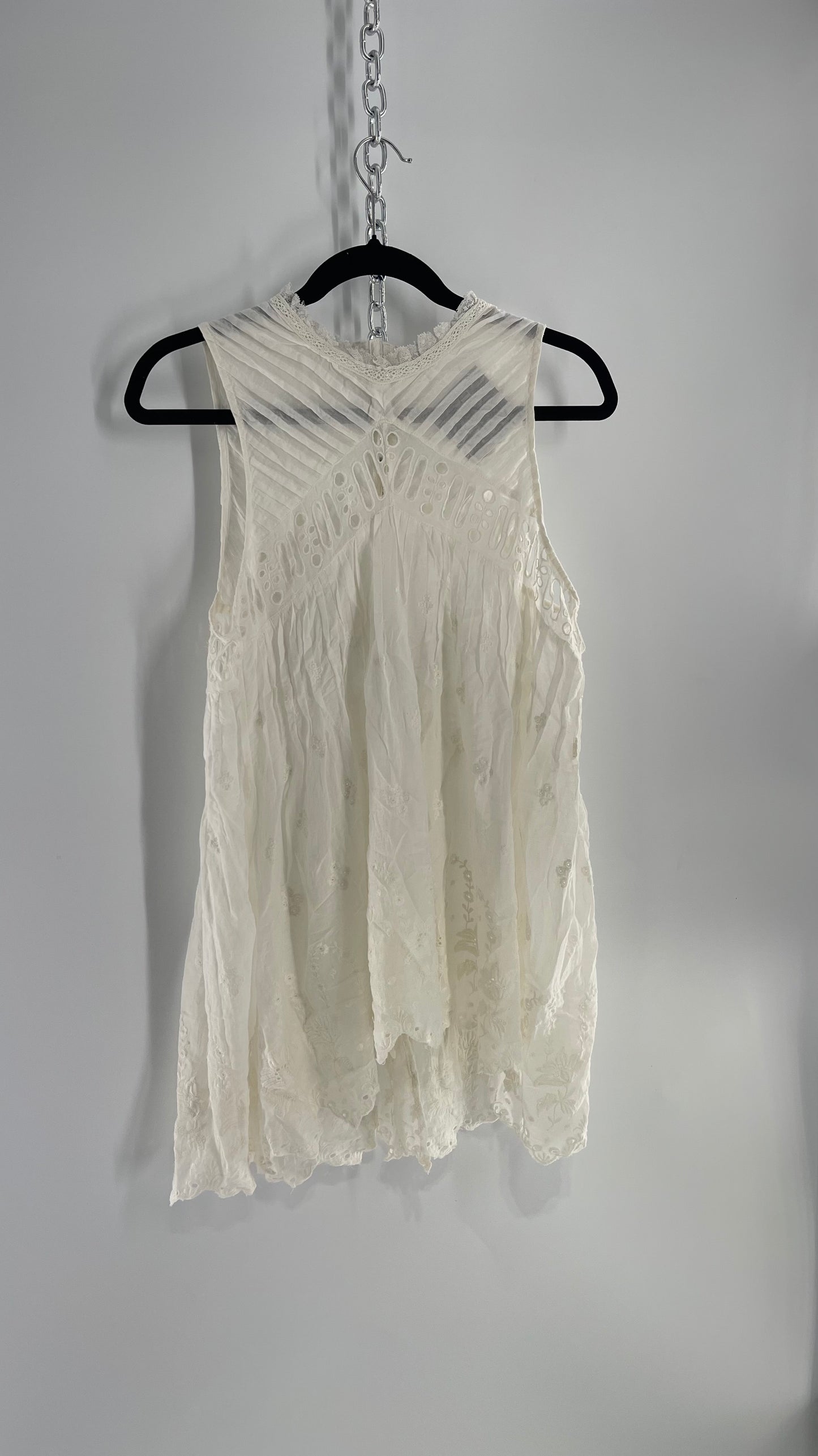 Free People White Cotton Eyelet Embroidered Lace Tank with Pleating, Buttoned and Slit Back (Small)