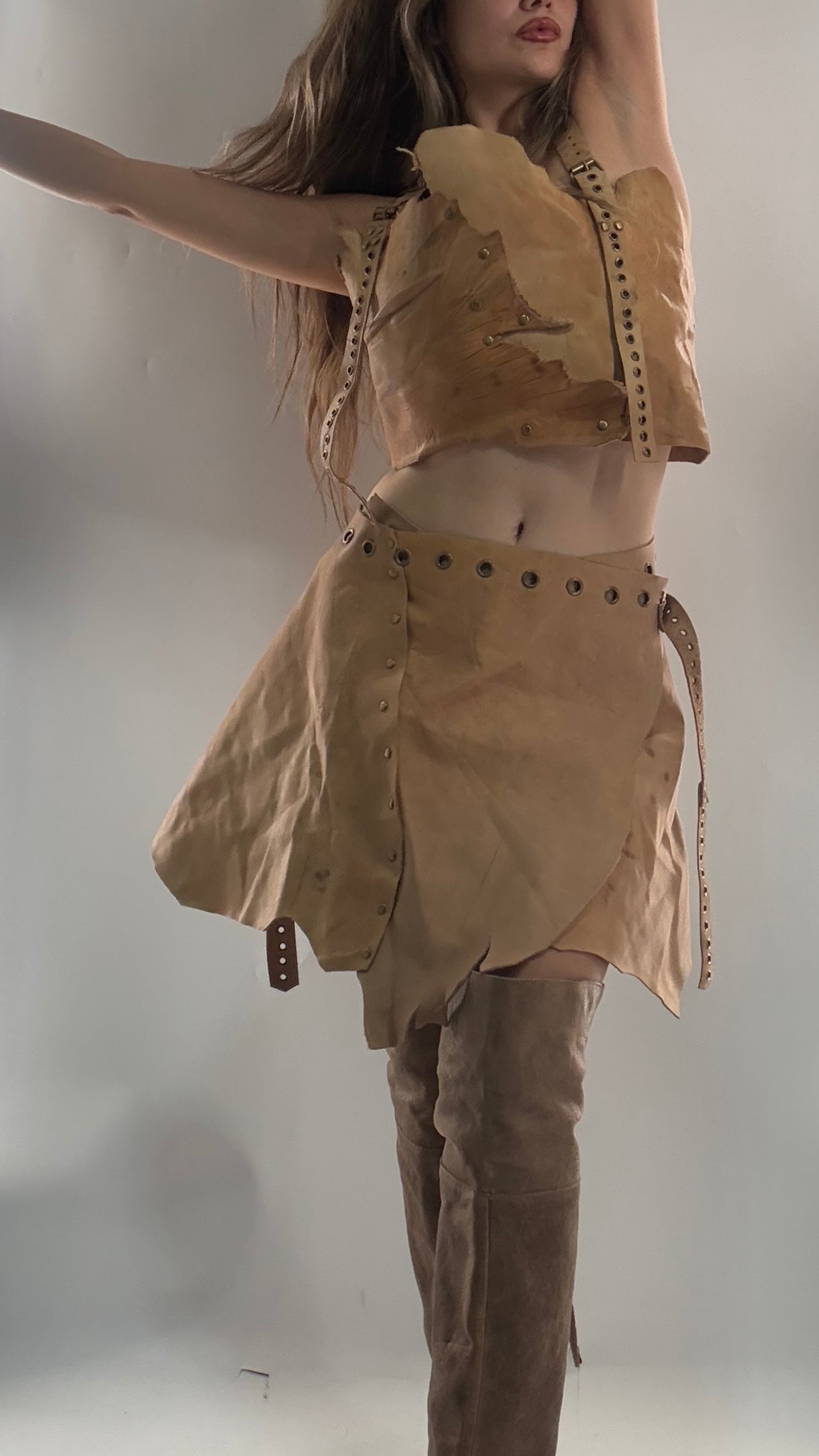 CUSTOM Handmade Rugged and Reversible Distressed Leather Two Piece Set with Grommet Waistband (XS-XL)