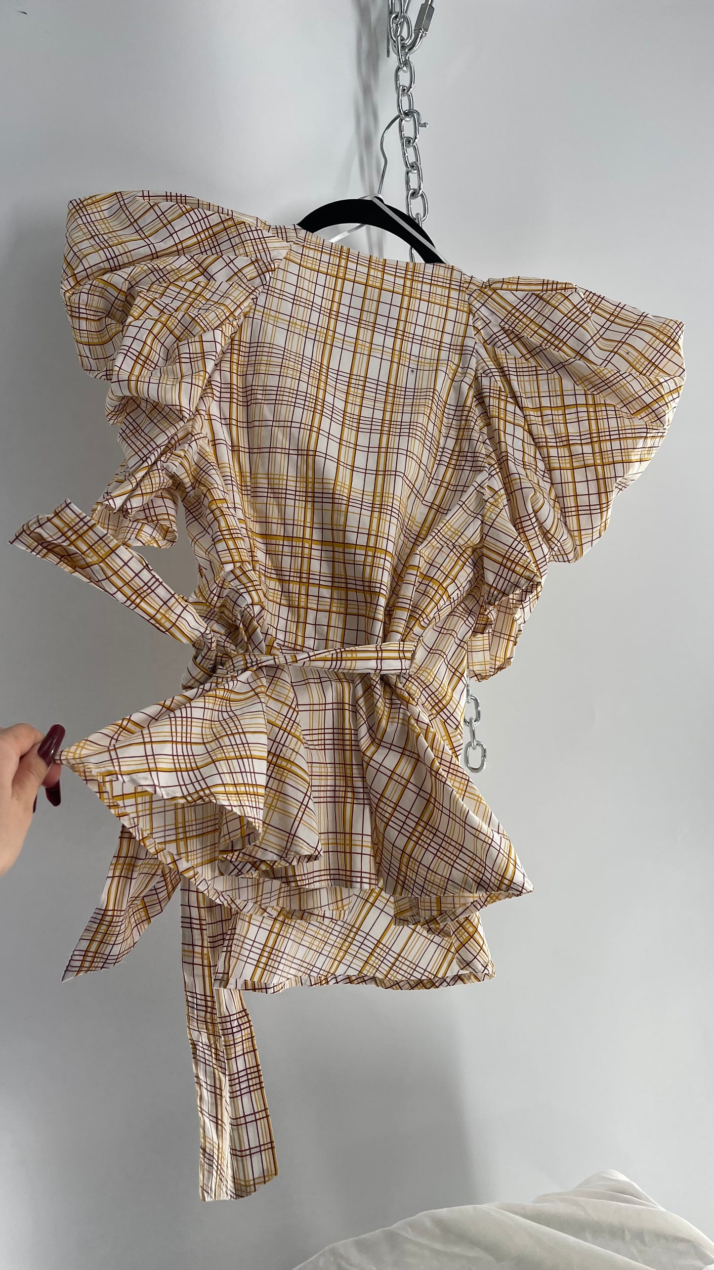 C/MEO Collective Plaid Puff Sleeve Peplum with Tags Attached (S)