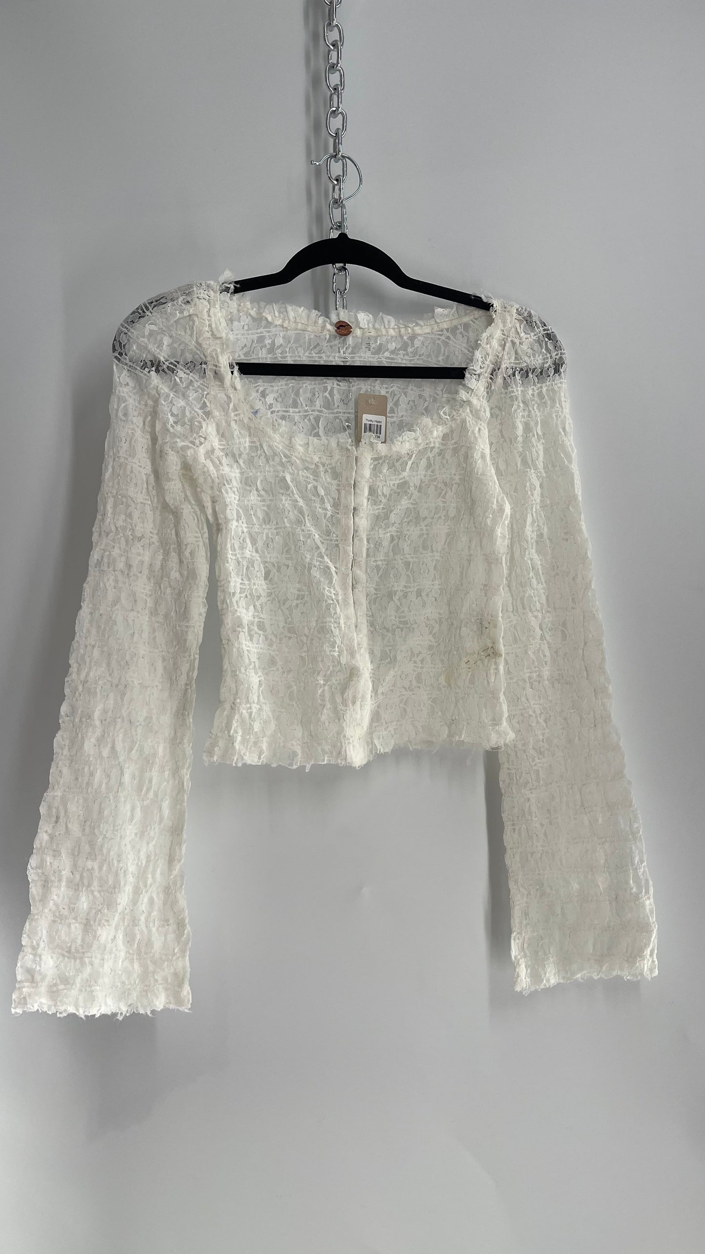 Free People White Smocked Lace Long Sleeve with Eyelet Closure (Large)