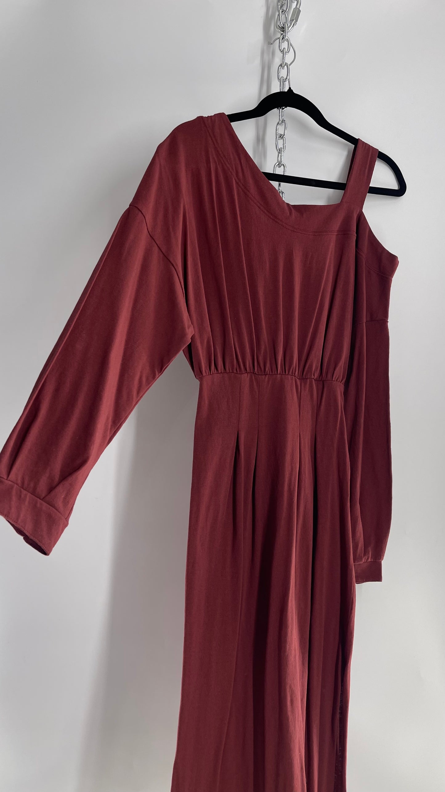 Free People Maroon Bubble Sleeve, Side Button, Off Shoulder Dress (Small)