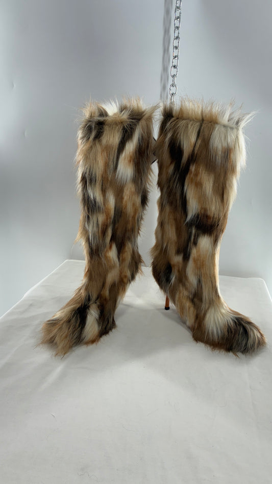 Vintage Mixed Tone Vegan Fur, Knee High, Pointed Toe Boots (43)