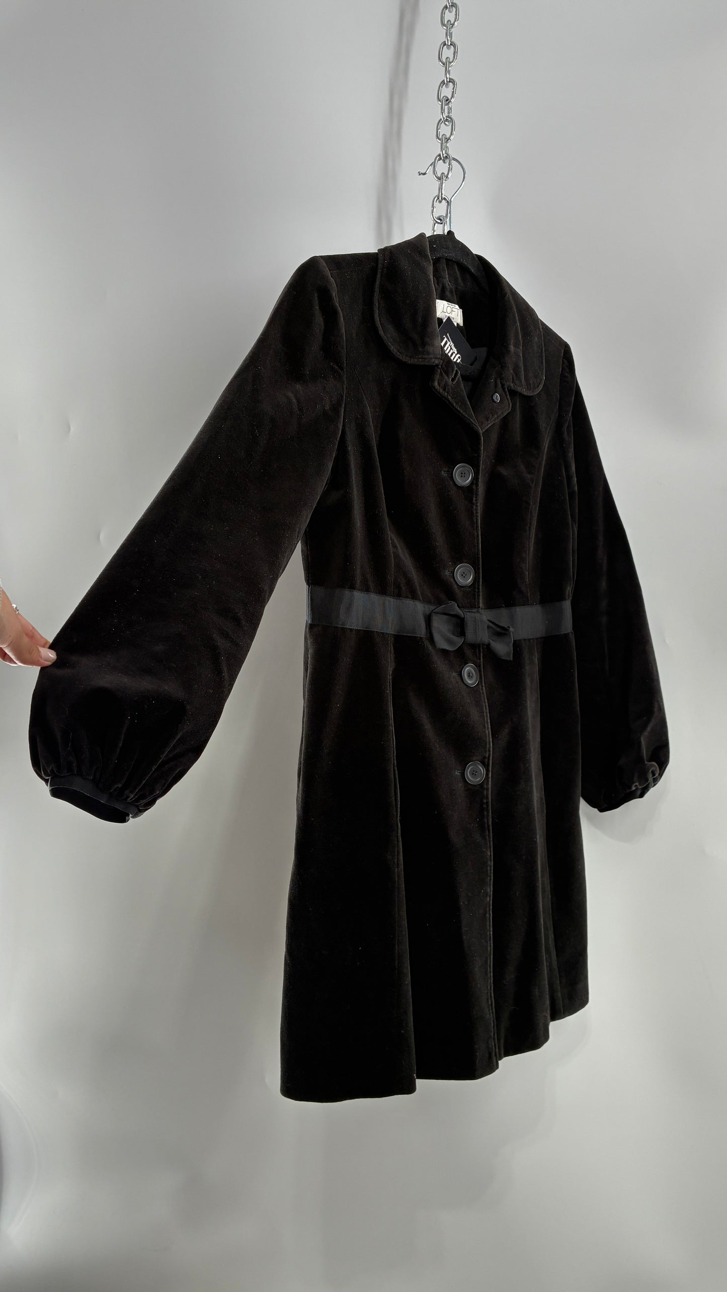 Vintage Ann Taylor Black Velour Bubble Sleeve Coat with Ribbon Bow Belt (4P)