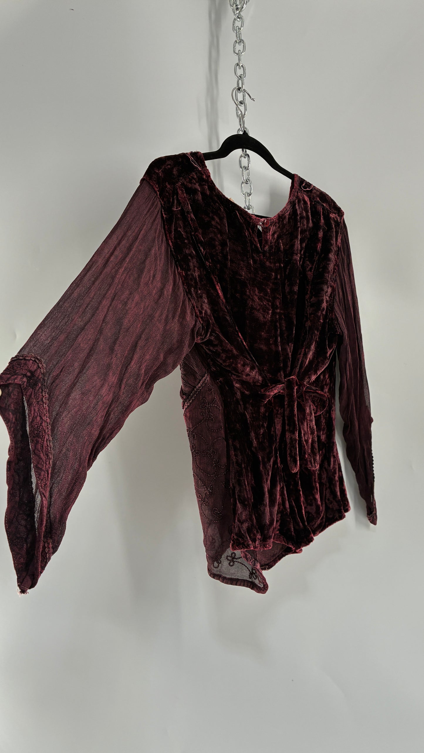 Vintage 1990s Burgundy Velvet Tie Back Blouse and Sheer Paneled Skirt (OS)