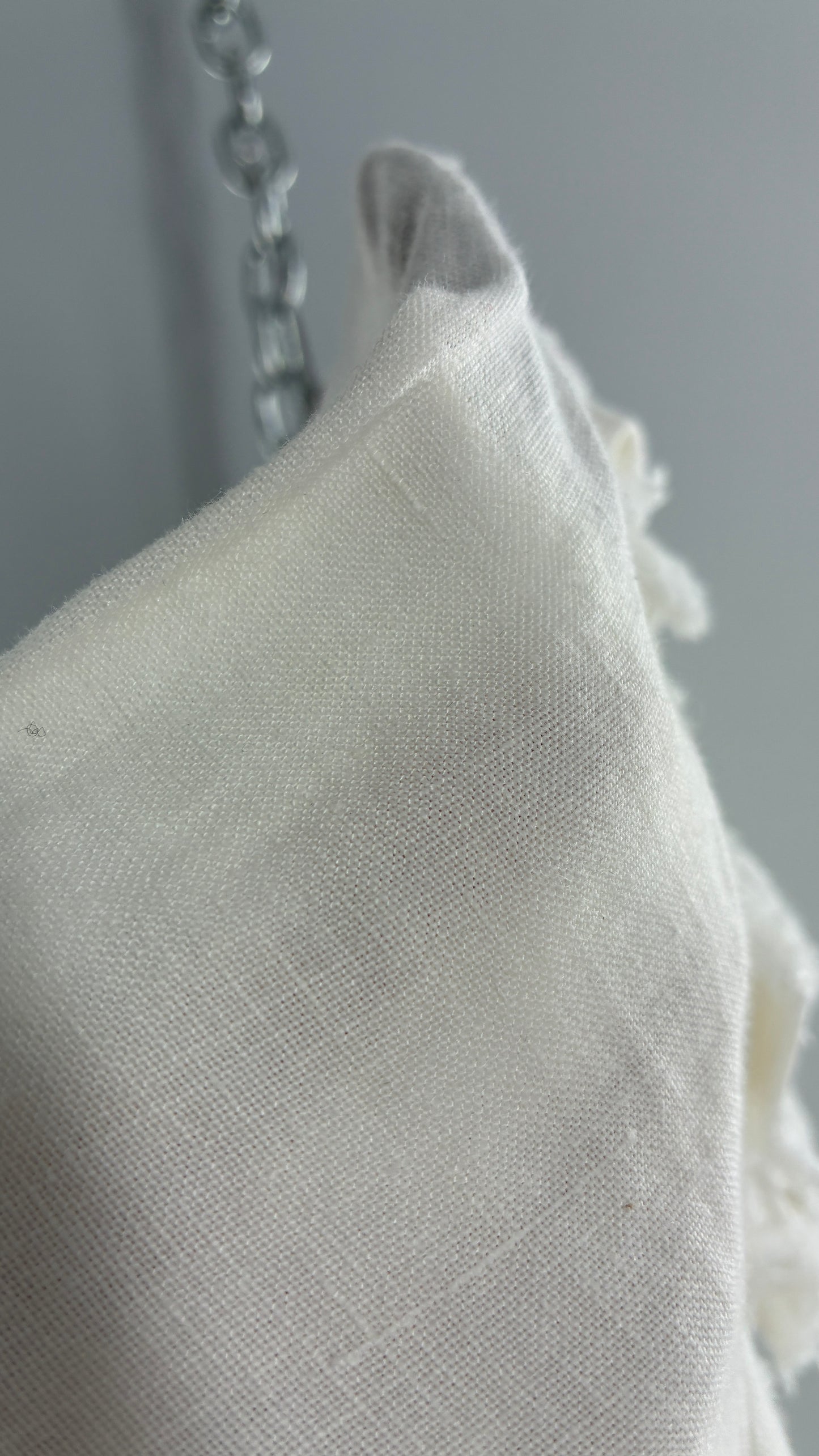 Vintage ANNE FONTAINE Off White Linen Woven Button Up Blouse with Back Corseting, Pearlescent Shell Buttons, and Rosette Details (36)