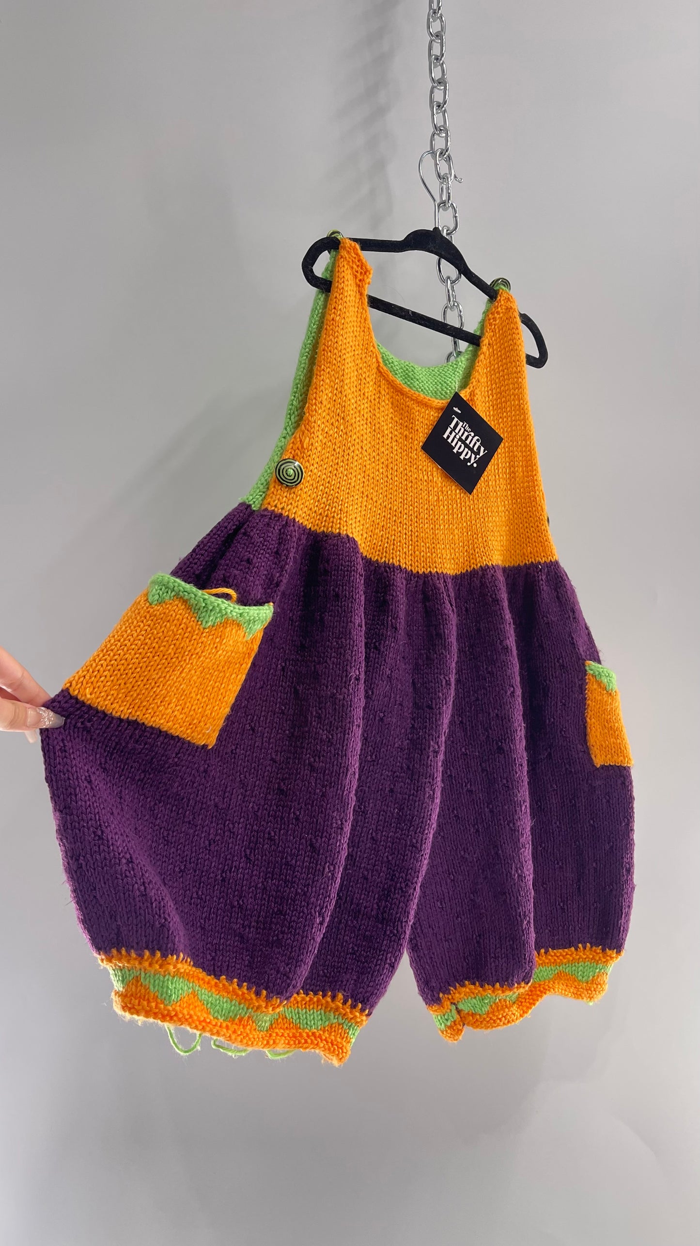 Vintage HandKnit Handmade Halloween Purple, Orange, Green Baby Overalls