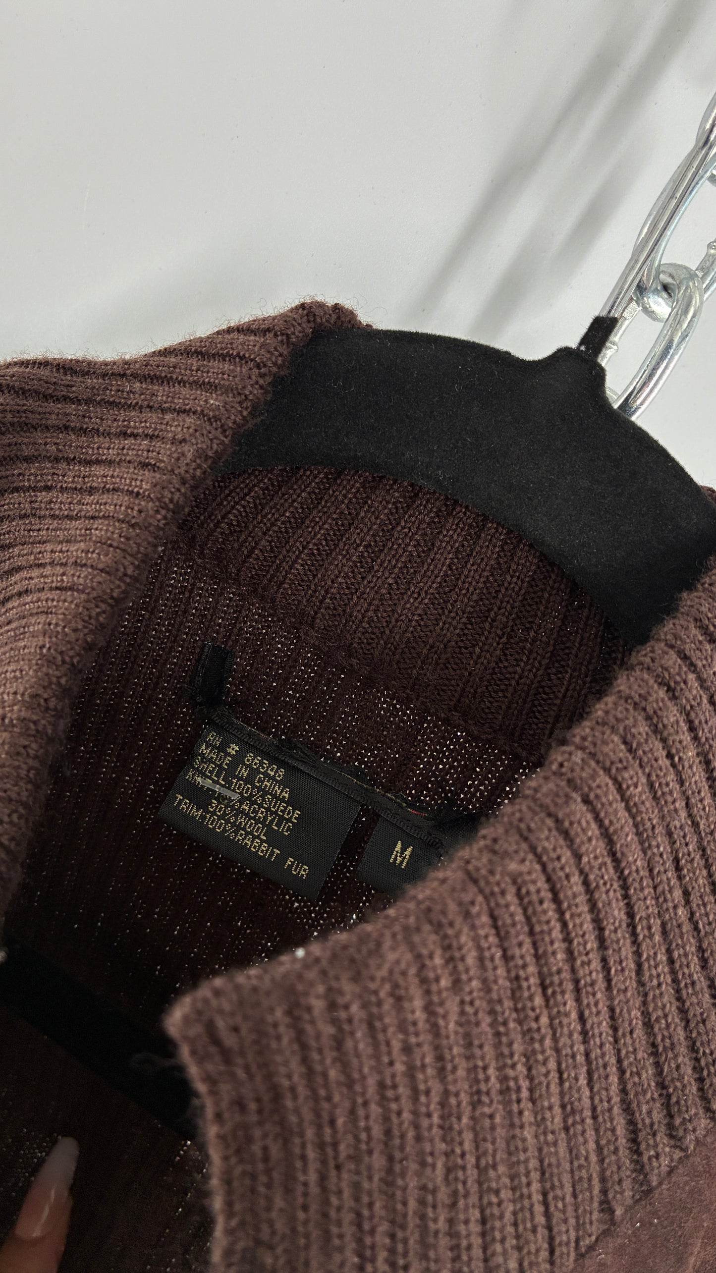 Vintage Brown Ribbed Jacket with Genuine Suede Leather Paneling and Rabbit Fur Trim (Medium)