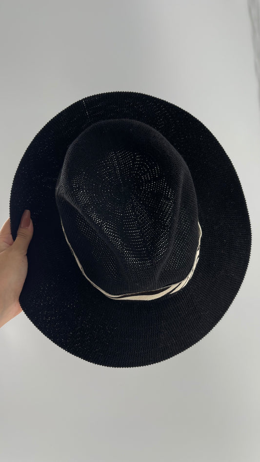 Free People Black 55% Cotton Woven Sun Hat with Textured Fur Belt