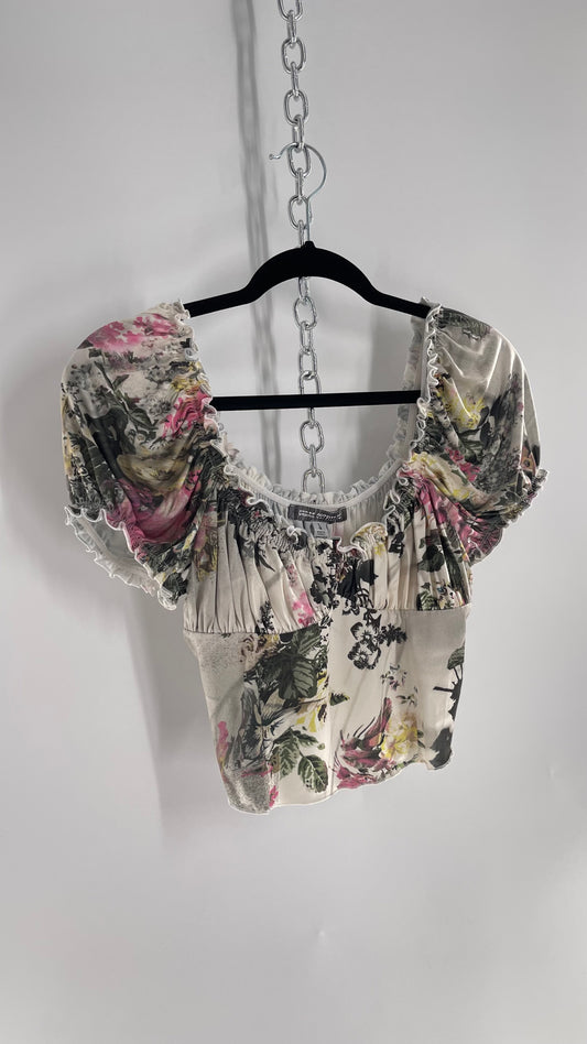 Urban Outfitters Slinky Vintage Inspired Graphic Florals and Milkmaid Style Top (Large)