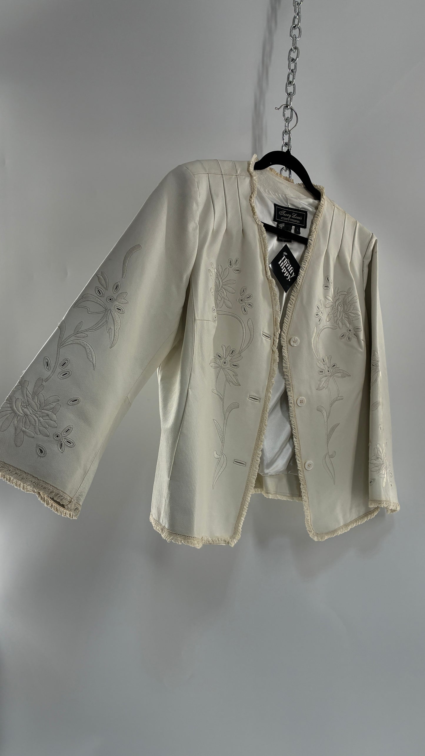 Vintage TERRY LEWIS White Leather Pleated Back, Embroidered Jacket with Lace Trim (Large)