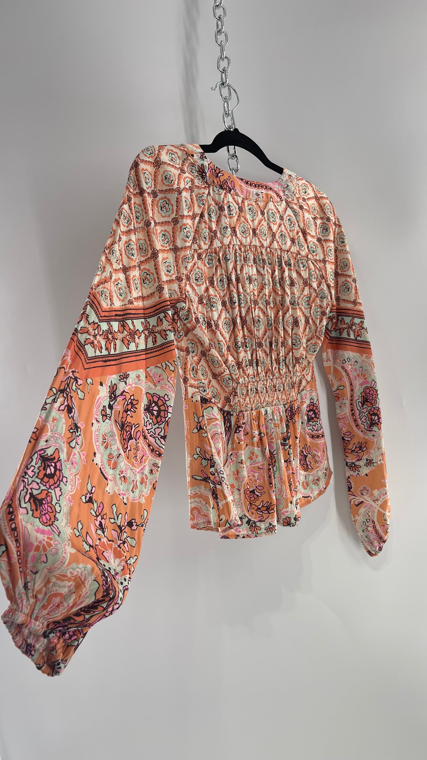 Free People Orange Pastels Paisley Blouse with Bust Tie and Balloon Sleeves (XS)