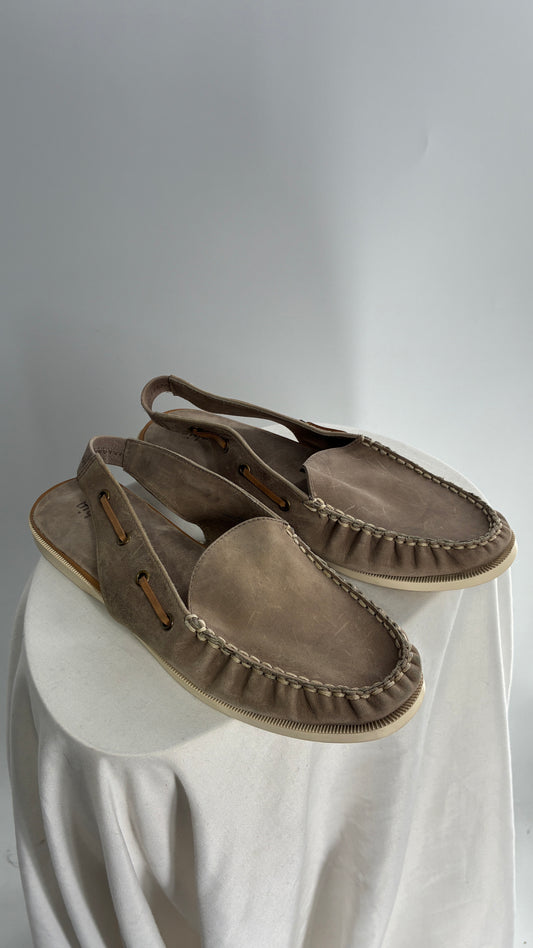 FARYL ROBIN Genuine Leather Taupe Slingback Boat Shoes (9)