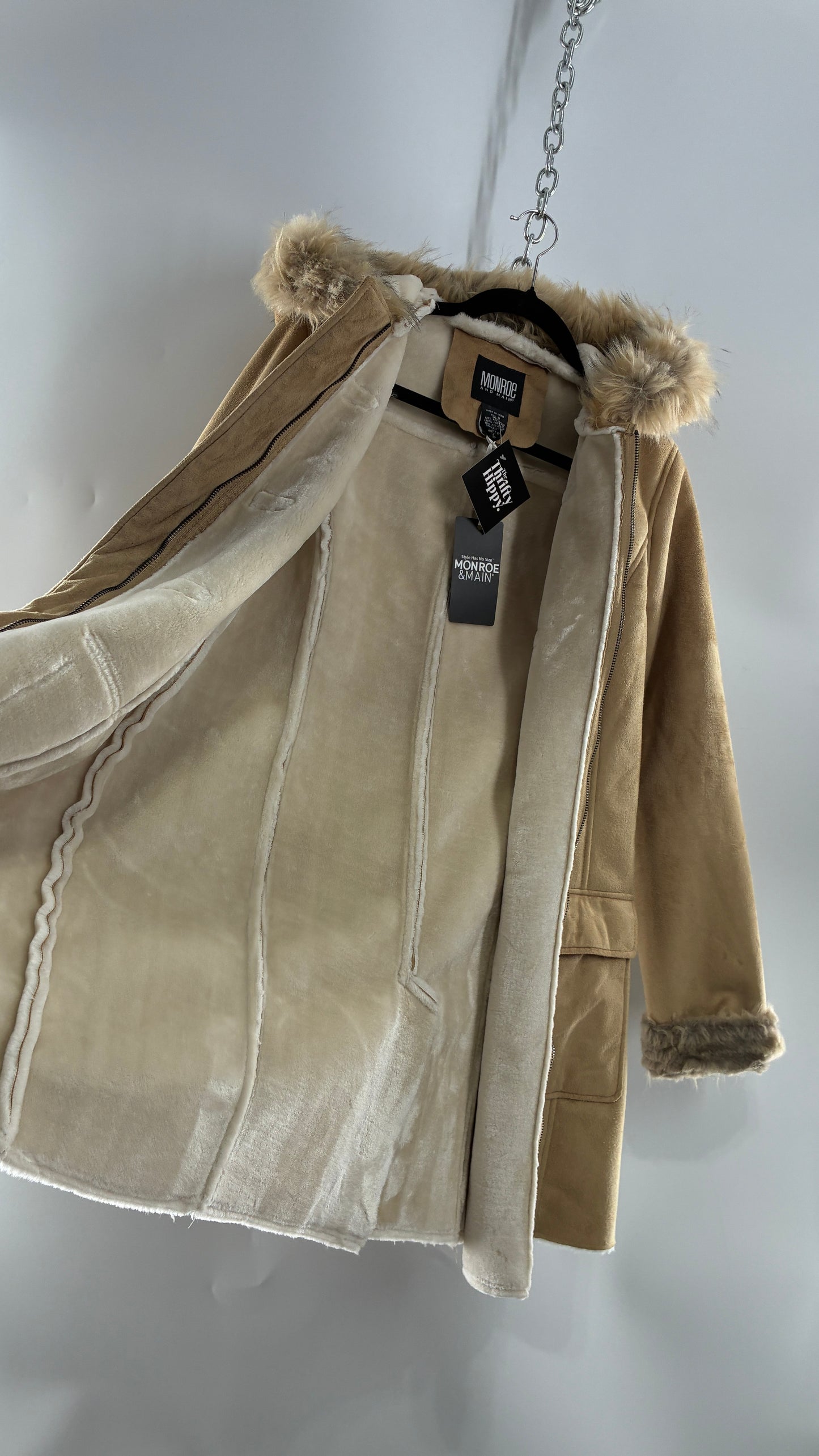 Deadstock Vintage MONROE AND MAIN Vegan Suede Coat with Fur Cuffs and Hood, Tags Attached (Medium)