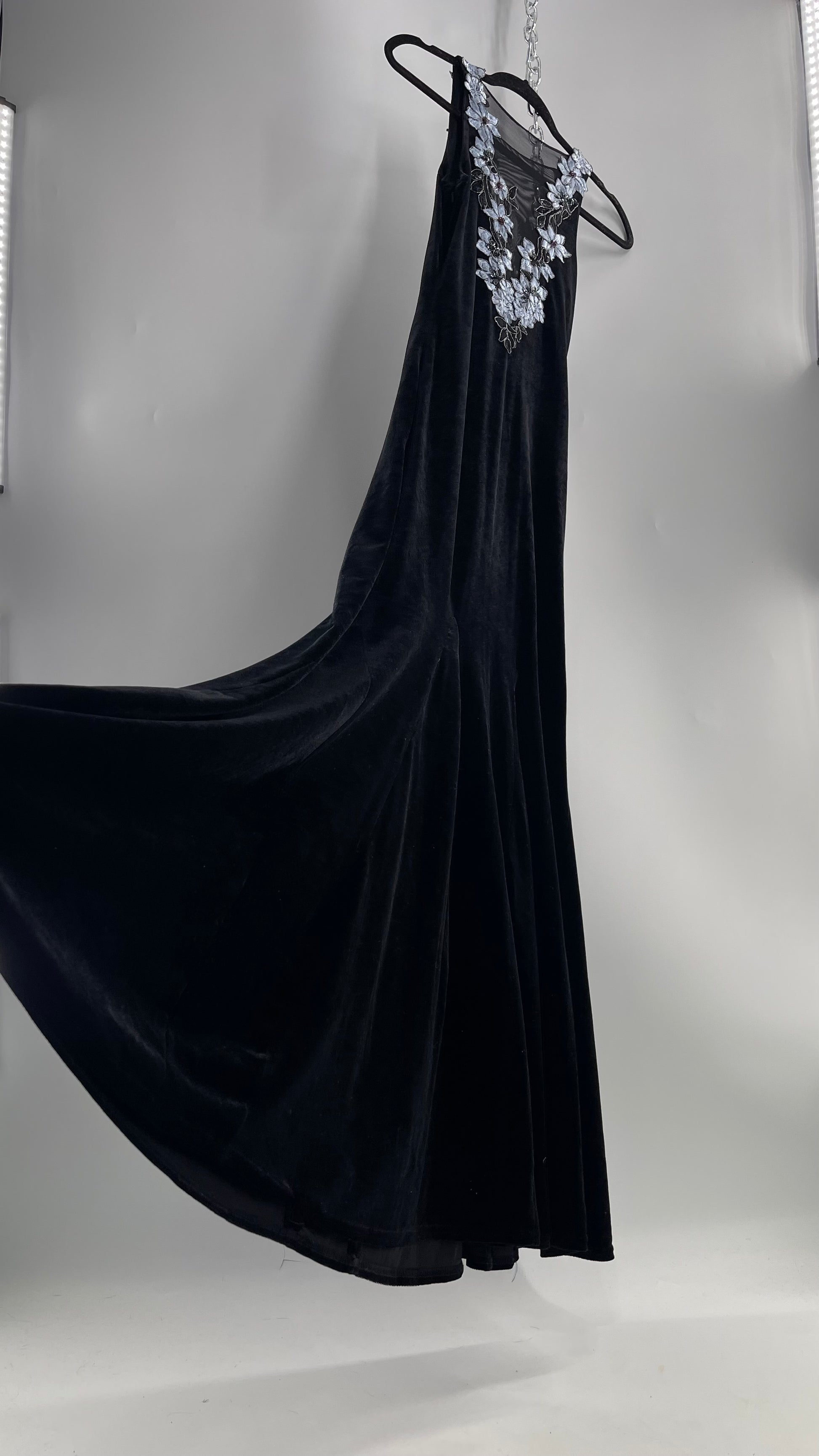 Vintage Jessica McClintock Black Velvet Fit And Flare Gown with Plungi The Thrifty Hippy Vintage Jessica McClintock Black Velvet Fit And Flare Gown with Plungi The Thrifty Hippy