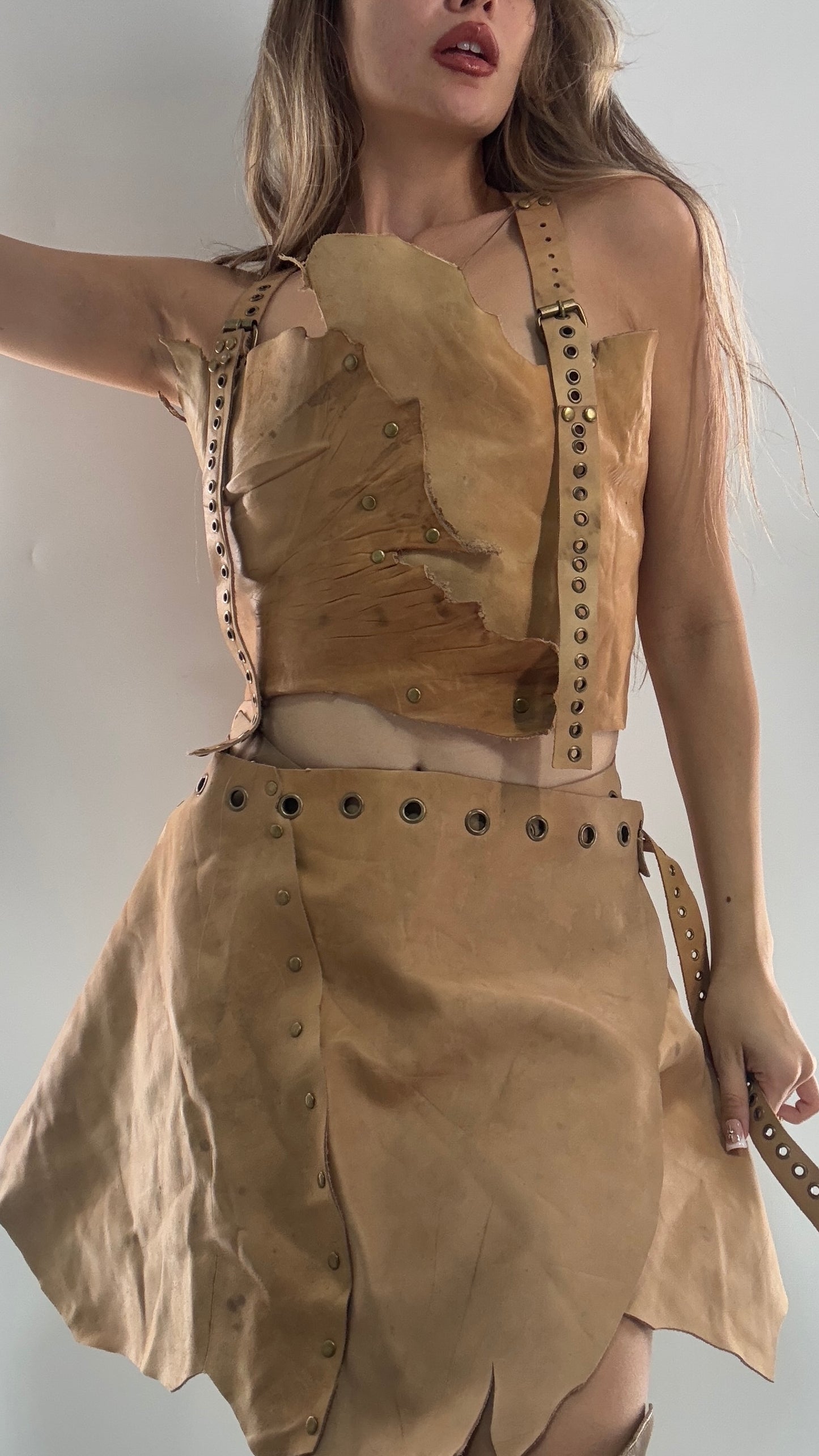 CUSTOM Handmade Rugged and Reversible Distressed Leather Two Piece Set with Grommet Waistband (XS-XL)