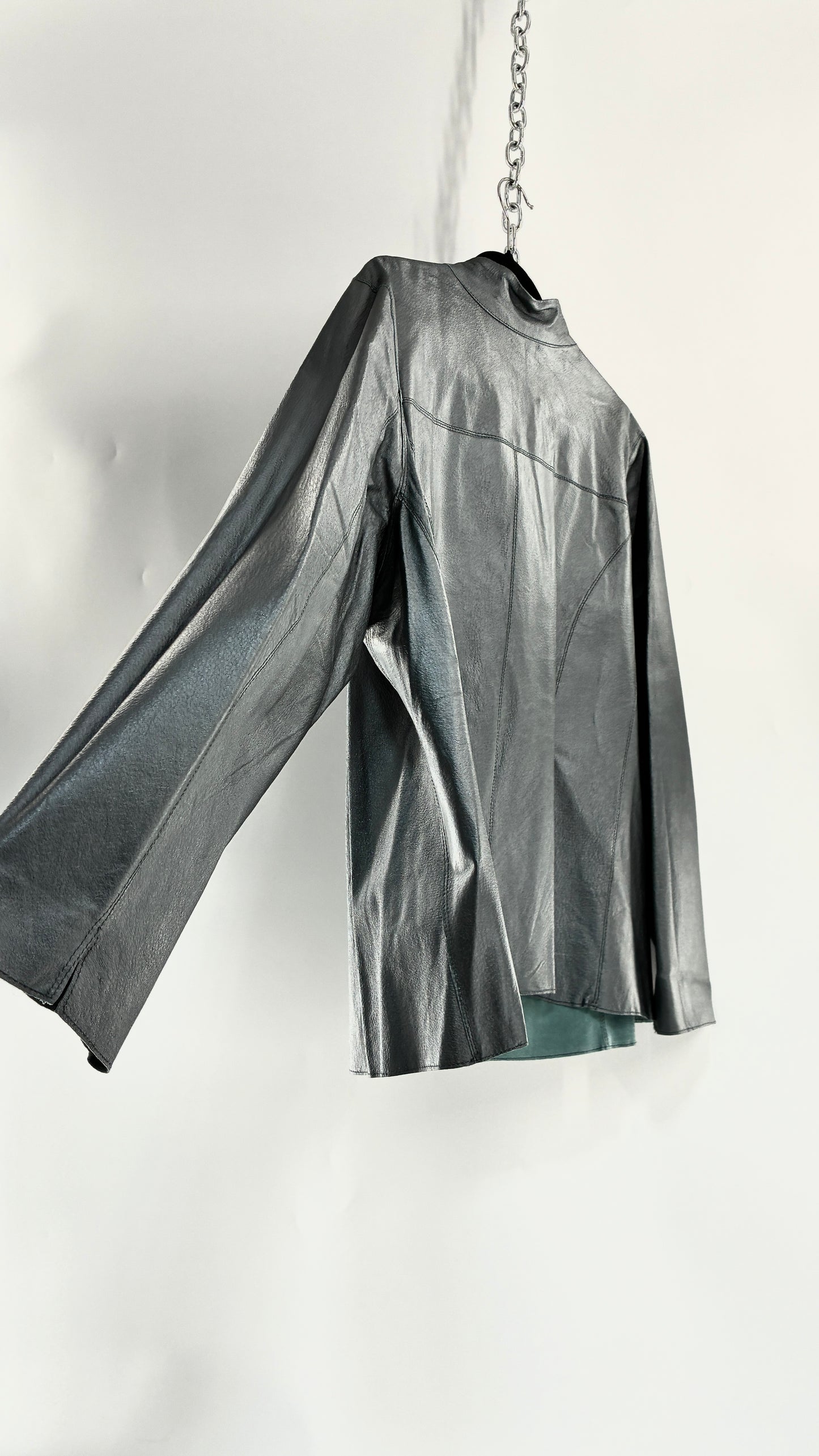 Vintage 1990s Metallic Blue Genuine Leather and Suede Reversible Thin, Zip Up Moto Jacket (XXL)