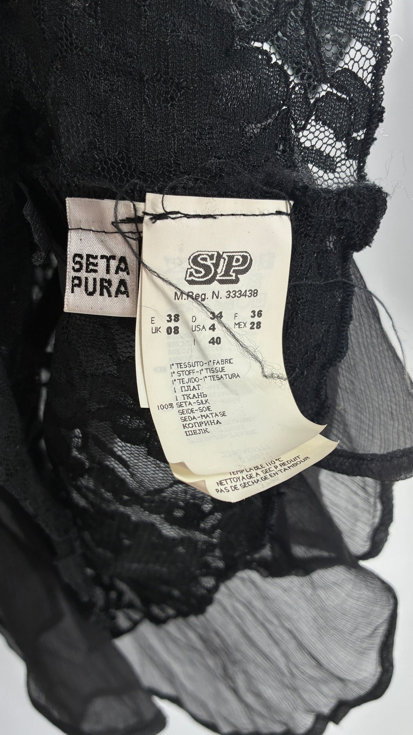 Vintage MÖTIVI Pure Silk Blouse with Lace Bodice, Vented Detail and Velour Trim (4)