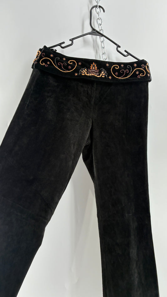 Vintage Margaret Godfrey Black Genuine Suede Leather Kick Flares with Wide Beaded Belt (10)