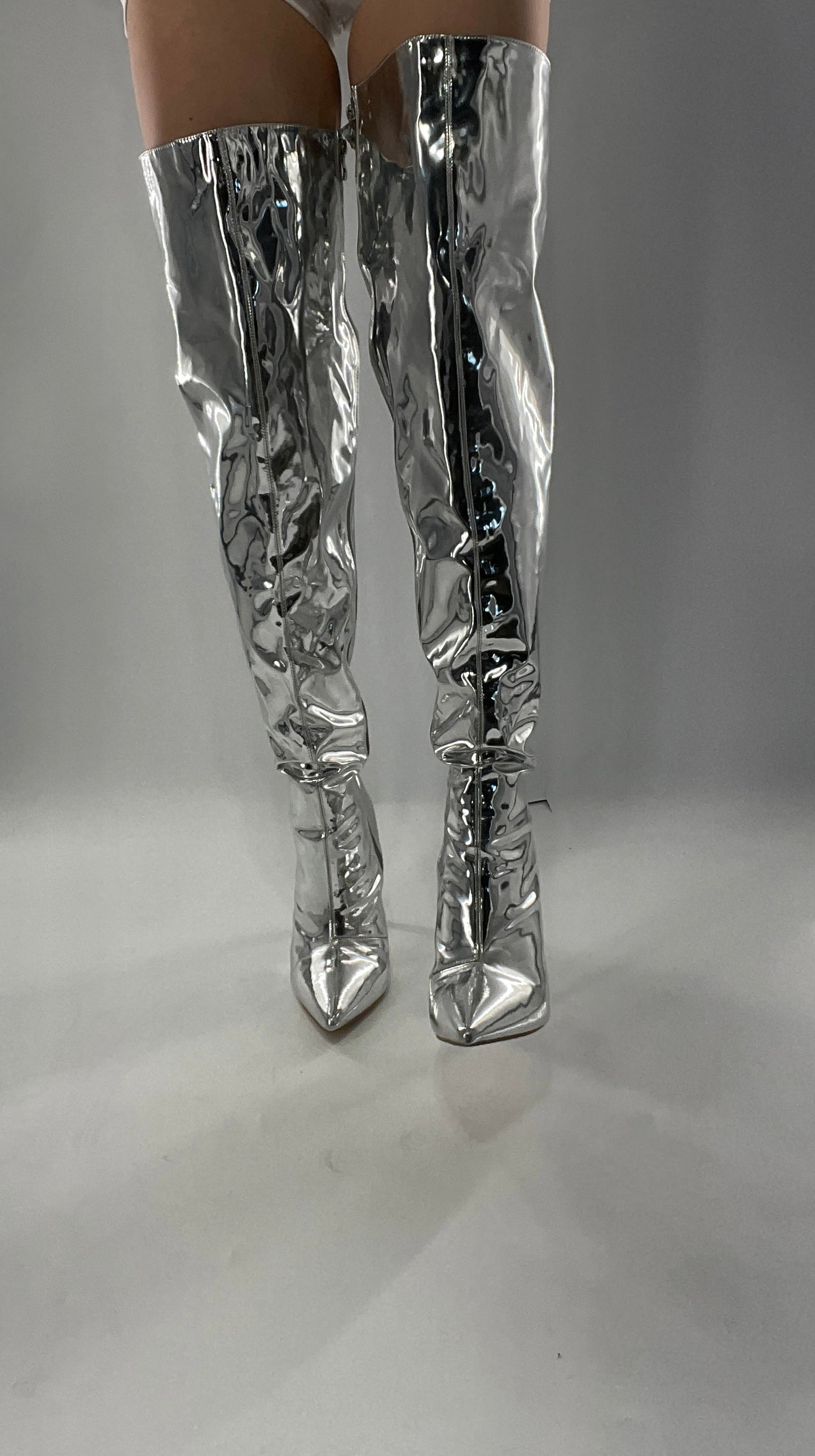 Vintage Chrome Platinum Mirrored Thigh High Molten Metal Sky High Boots Space Cadet/Concert (7)