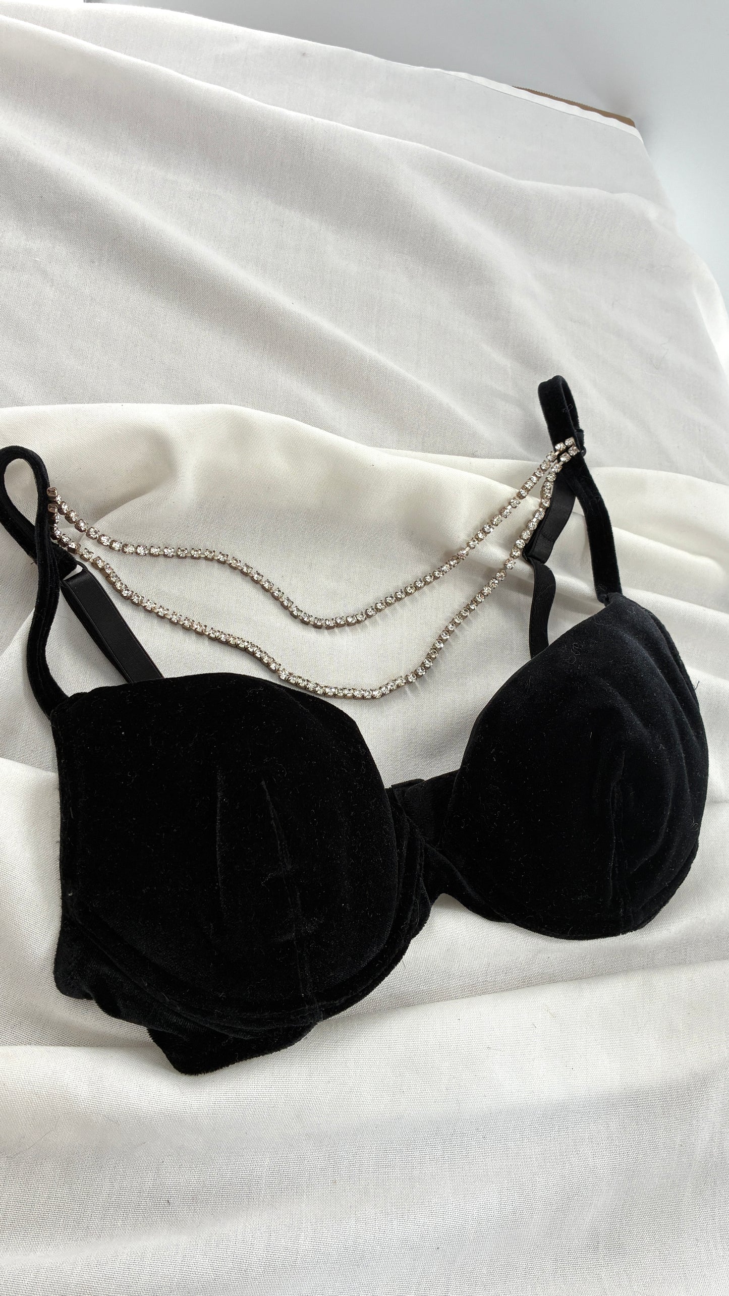 Vintage VICTORIAS SECRET Black Velour Bra with Rhinestone Draping  (34B)