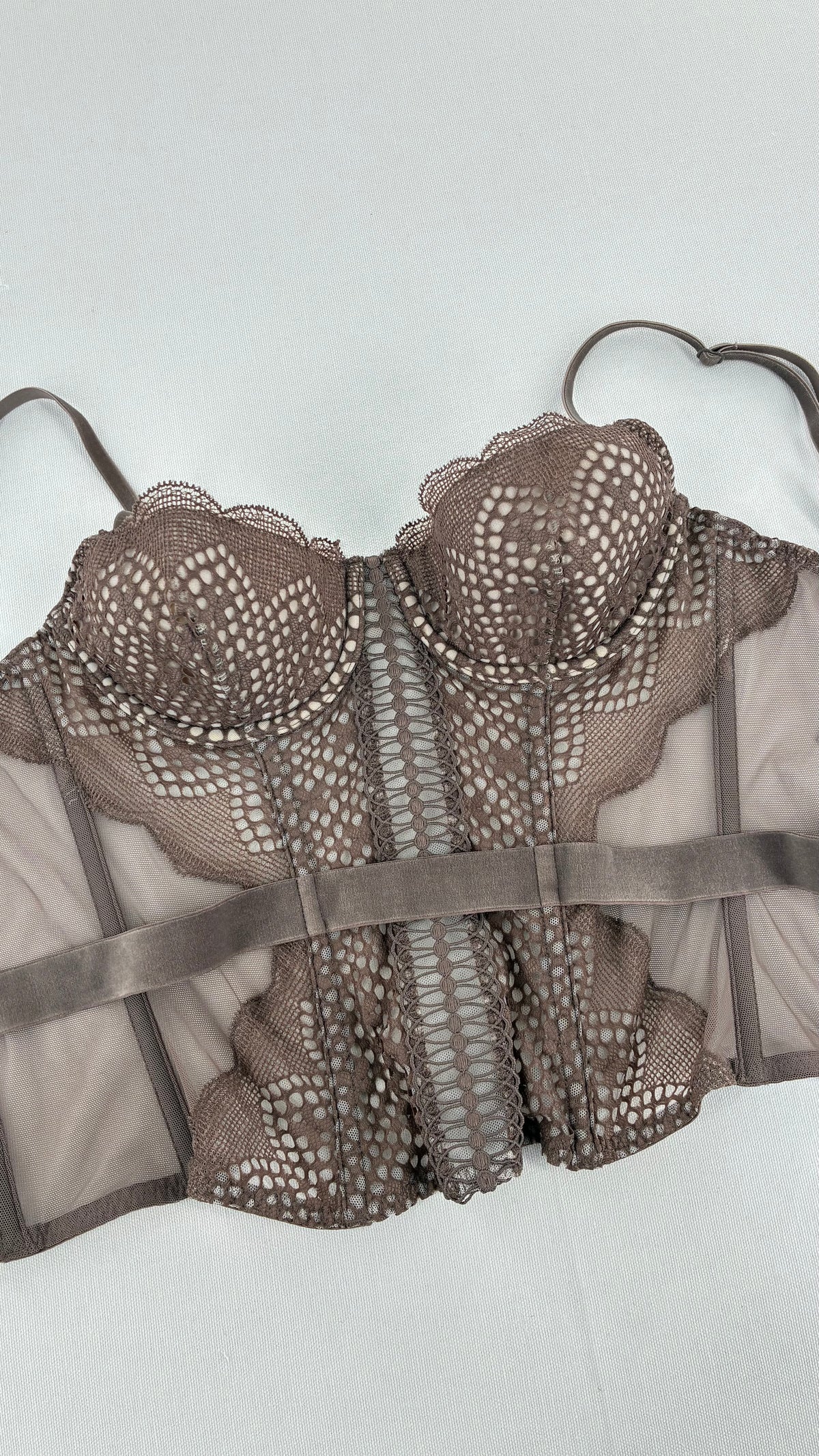 Vintage VICTORIA’S SECRET Taupe Lace Corset with Velour Belting and Tags Attached (32C)