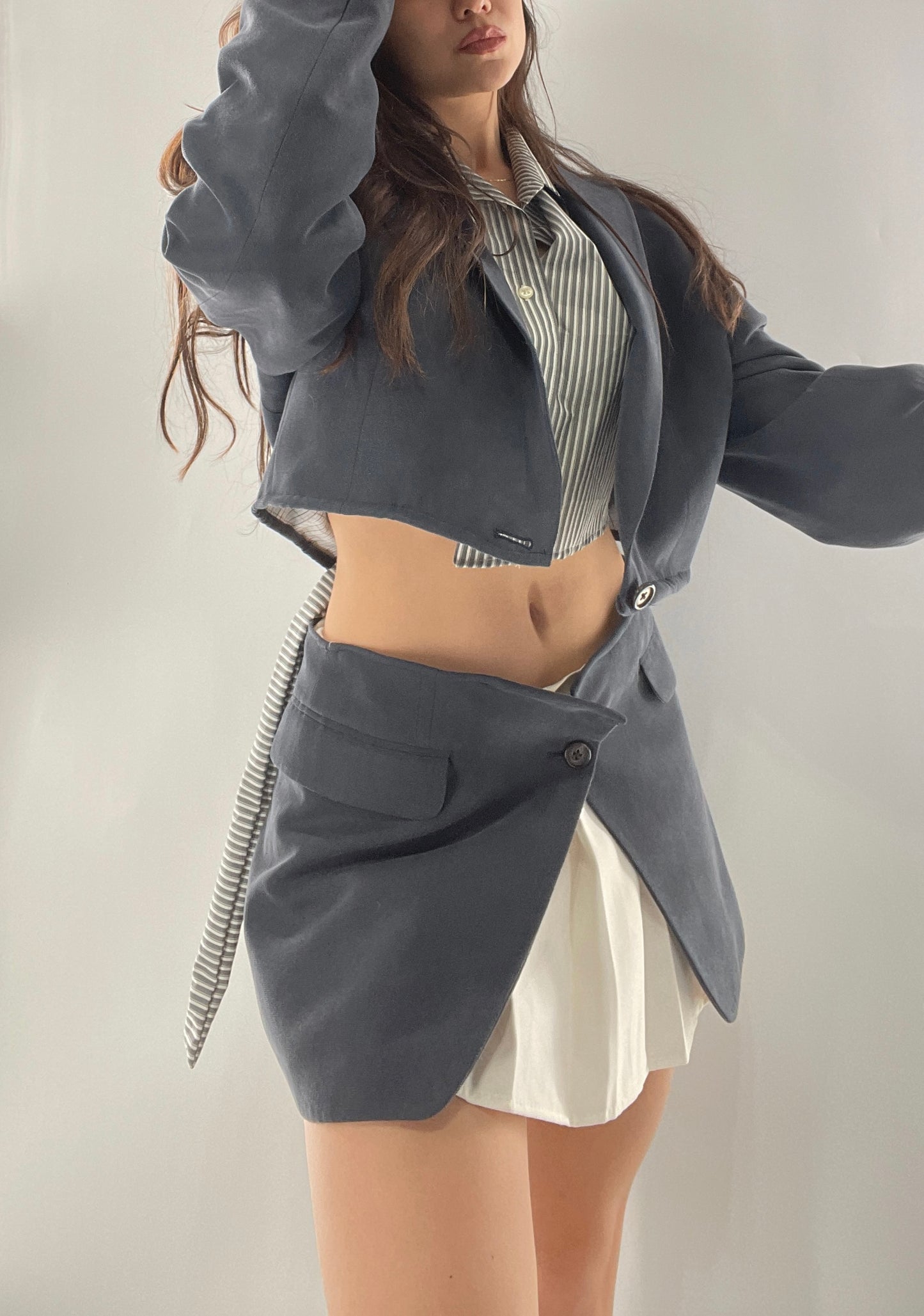 CUSTOM Handmade 2pc Suit Set Gray/Blue with Open Corset Back Skirt and Cropped Jacket (One Size)