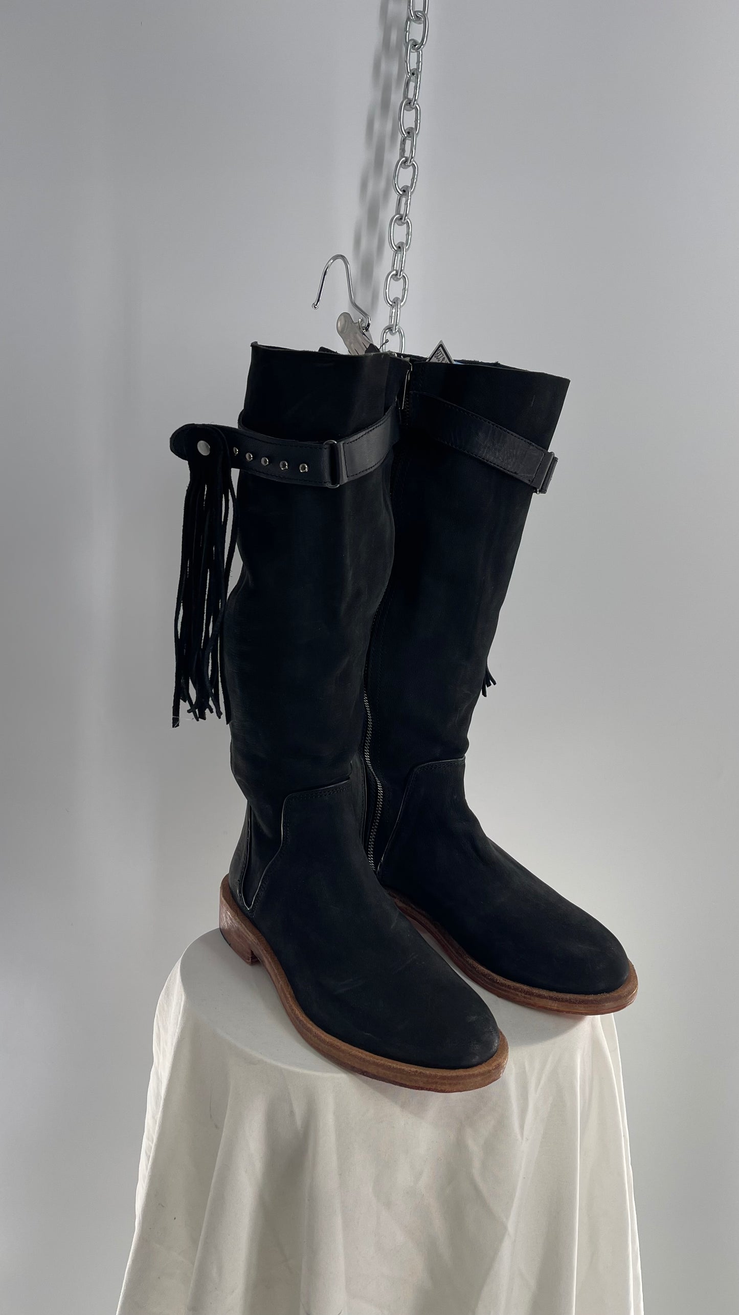 Free People Sayre Banks Slouchy Black Suede Leather Knee High Tassel Side Buckle Boot  (38)