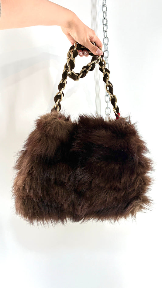 Vintage Handmade Genuine Fur Bag with Heavy Interlaced Gold Chain Strap