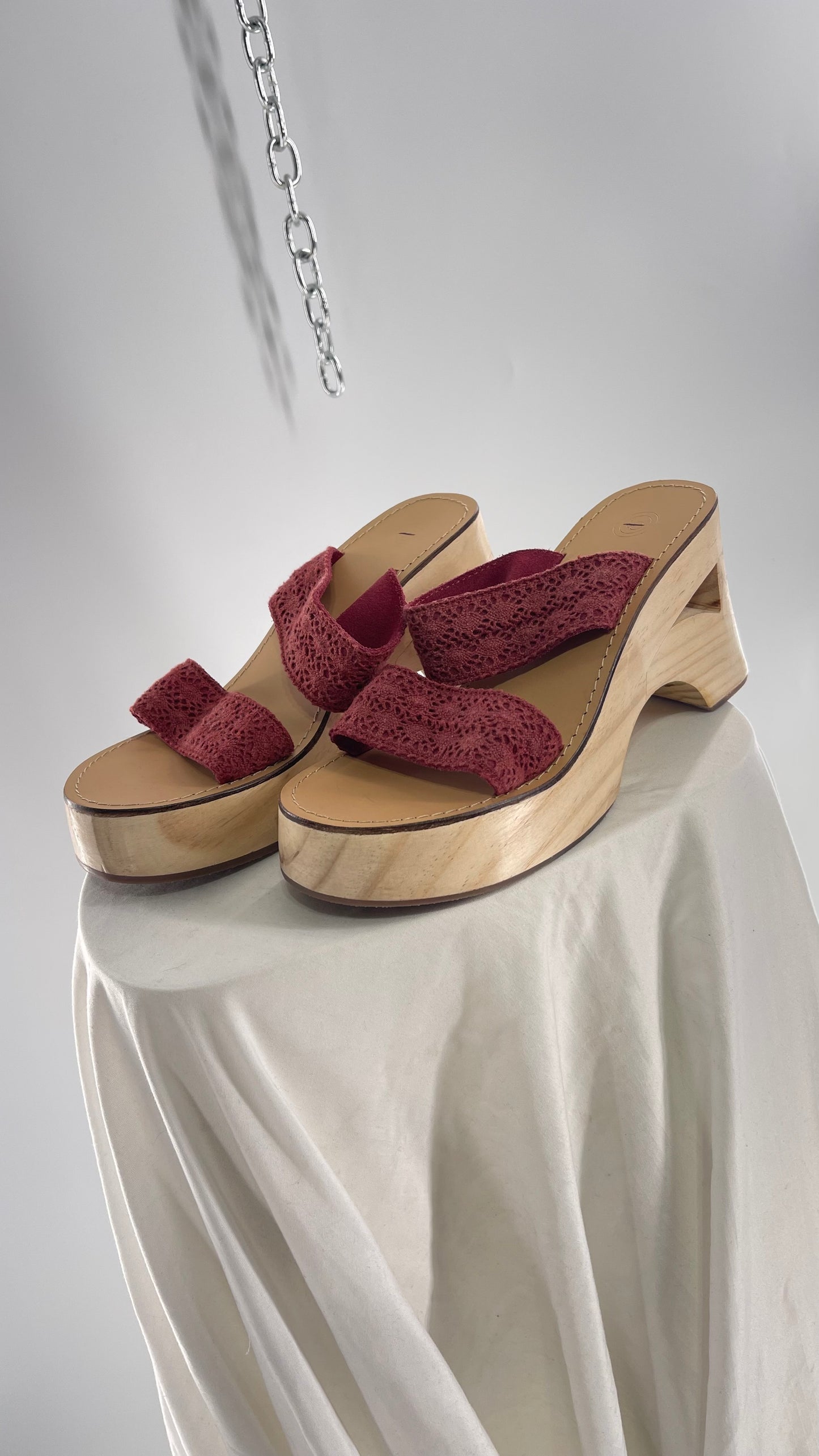 Urban Outfitters Wooden Clog with Leather and Lace Maroon Red Straps (6)