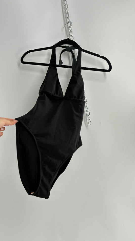 Vintage Black Handmade Retro Style Halter Thick Swimsuit (Small)