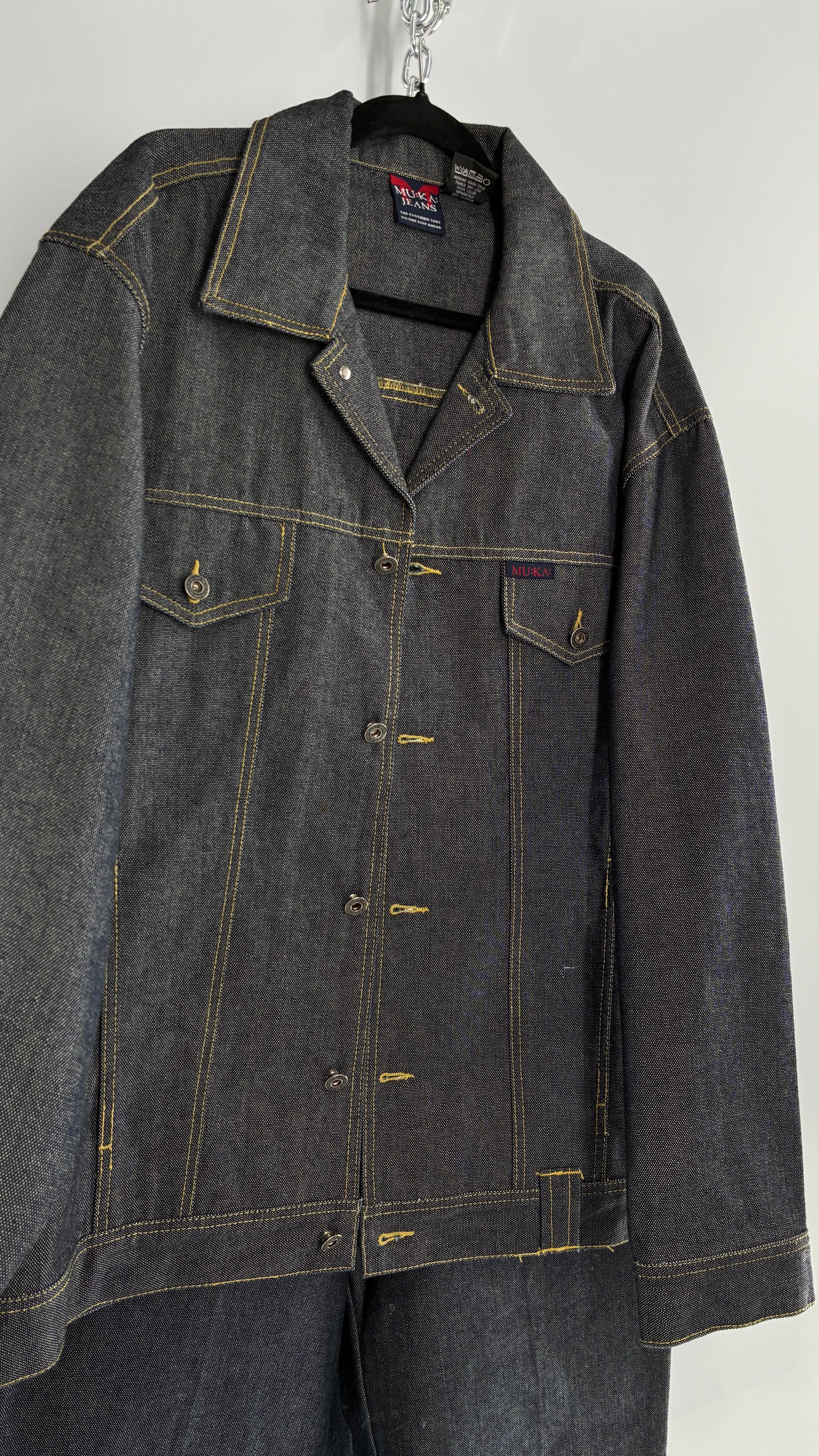 Vintage 1990s MU:KA: JEANS Men’s Dark Wash Japanese Style Denim Baggy Straight Legs and Oversized Jacket Set (L, 32x32)