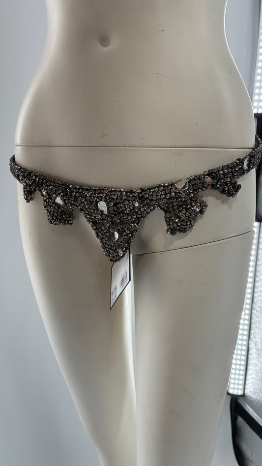Vintage Brown Suede Leather Scalloped Belt Covered in Rhinestones and Heavy Ornate Beading