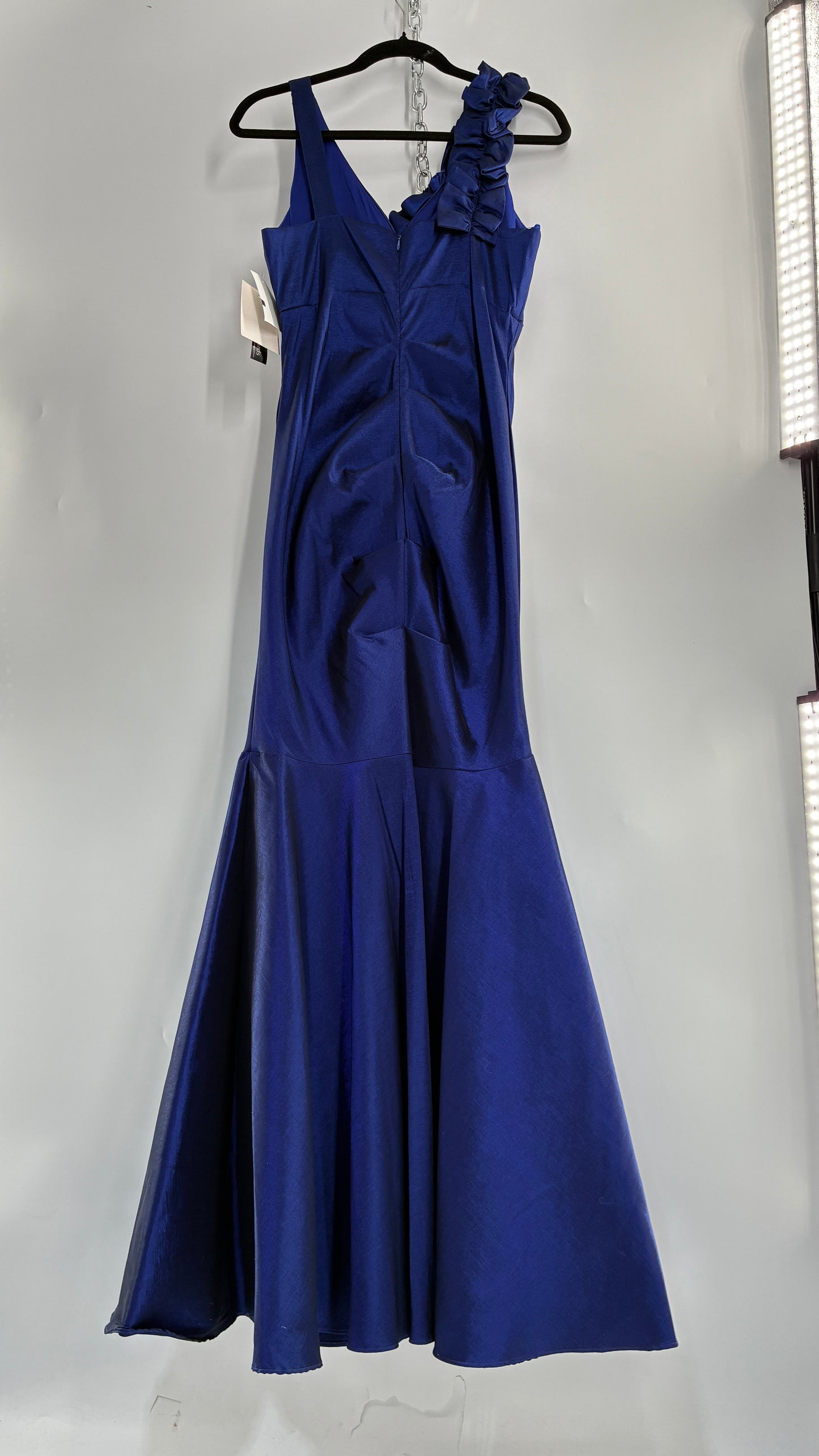 Deadstock Vintage Iridescent Metallic Taffeta Royal Blue Ruched Bodice and Floral Appliqué Gown (12)