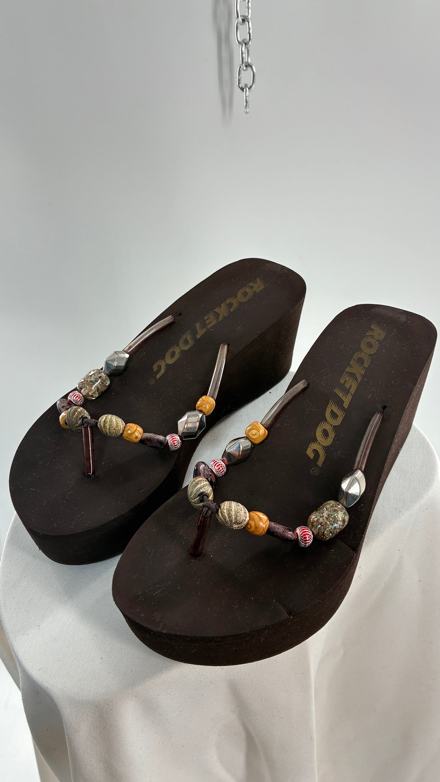 Vintage ROCKET DOG Brown Platform Sandals with Heavily Beaded Strap (9)