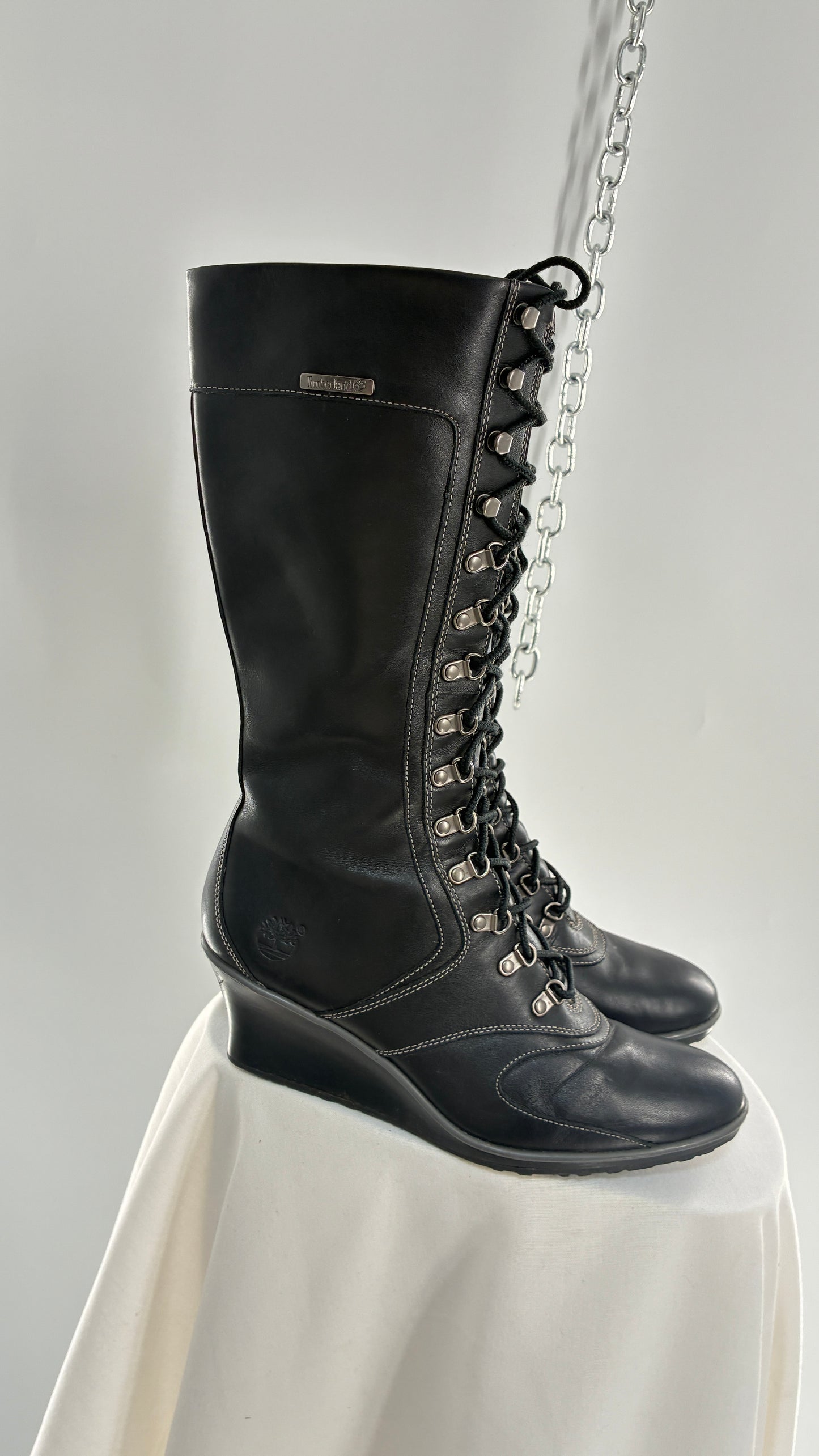 Vintage TIMBERLAND Black Genuine Leather Wedge Boots (10)
