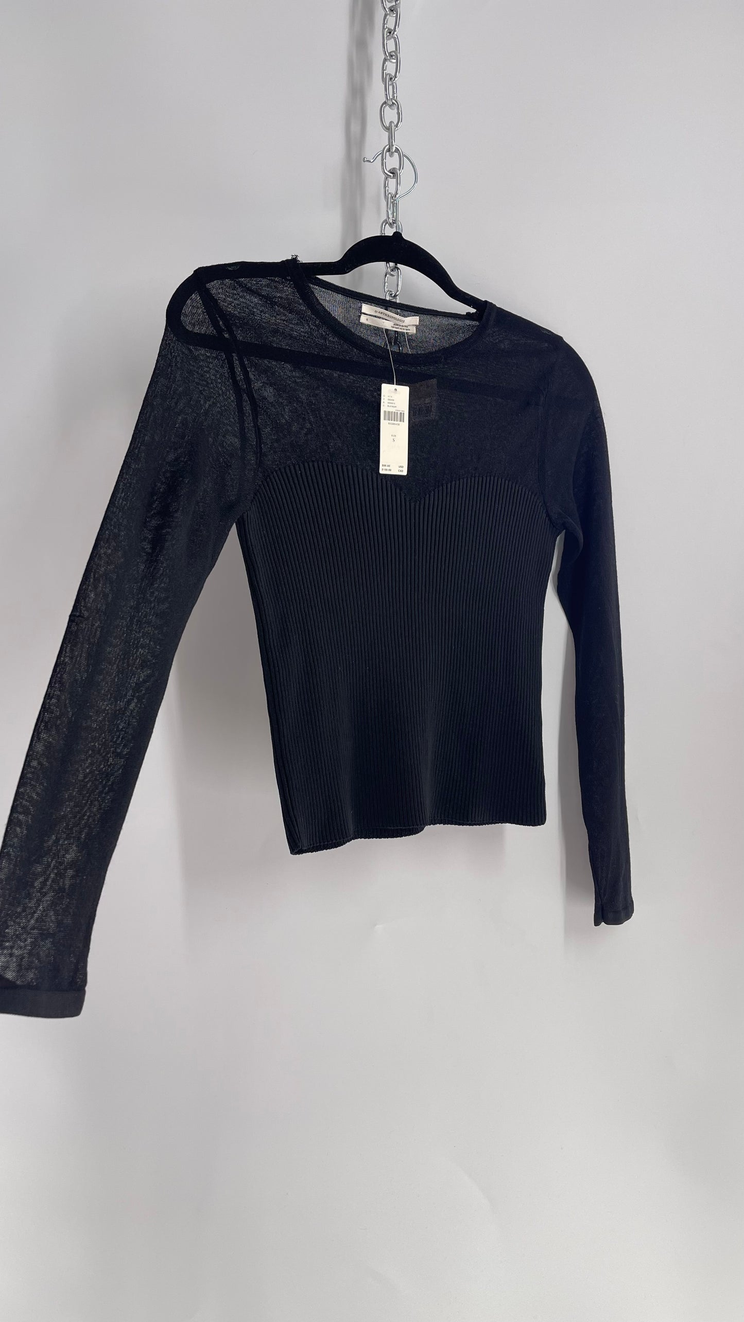 Anthropologie Black Knit Long Sleeve with Ribbed Sweetheart Neckline and Tags Attached (Small)