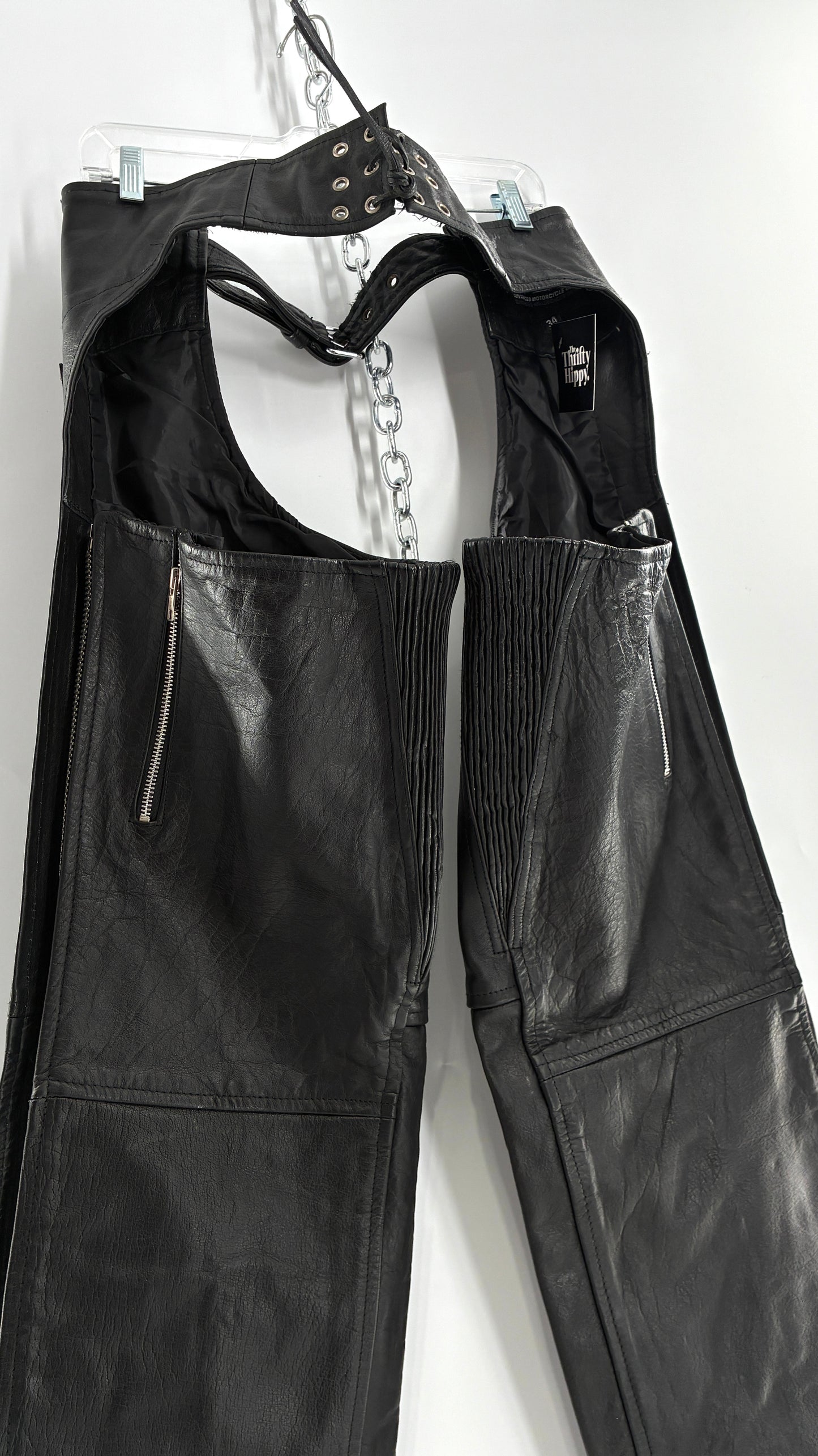 Vintage Xelement Black Genuine Leather Motorcycle Chaps with Side Zipper and Button Closure (34)
