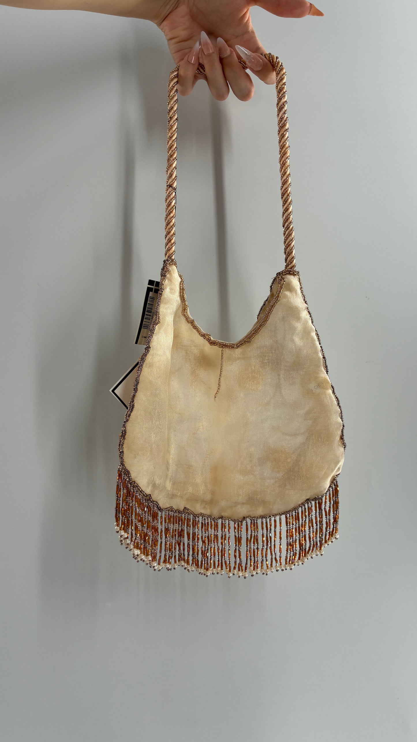 Vintage Deadstock Beige Beaded Fringe Purse with Embroidered Beaded Florals