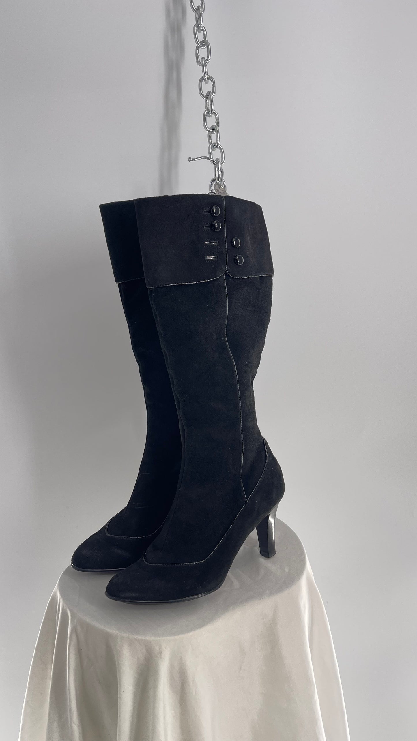 Vintage Soft Black Suede Leather Boots with Piping and Button Details (6)