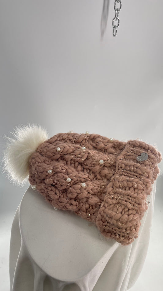 Betsy Johnson Pink Knit Pom Pom Pearl Beanie