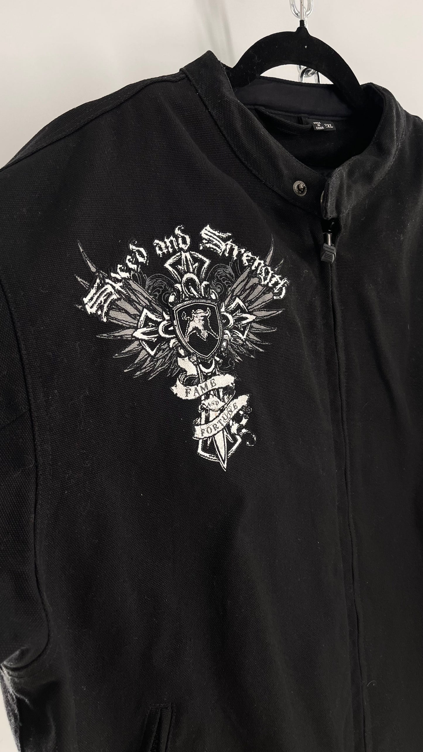 Vintage Speed + Strength Grunge Punk Riding Motorcycle Jacket with Cross Embroidery, Wings, Fame + Fortune, Speed + Strength Men’s Unisex (XXL)