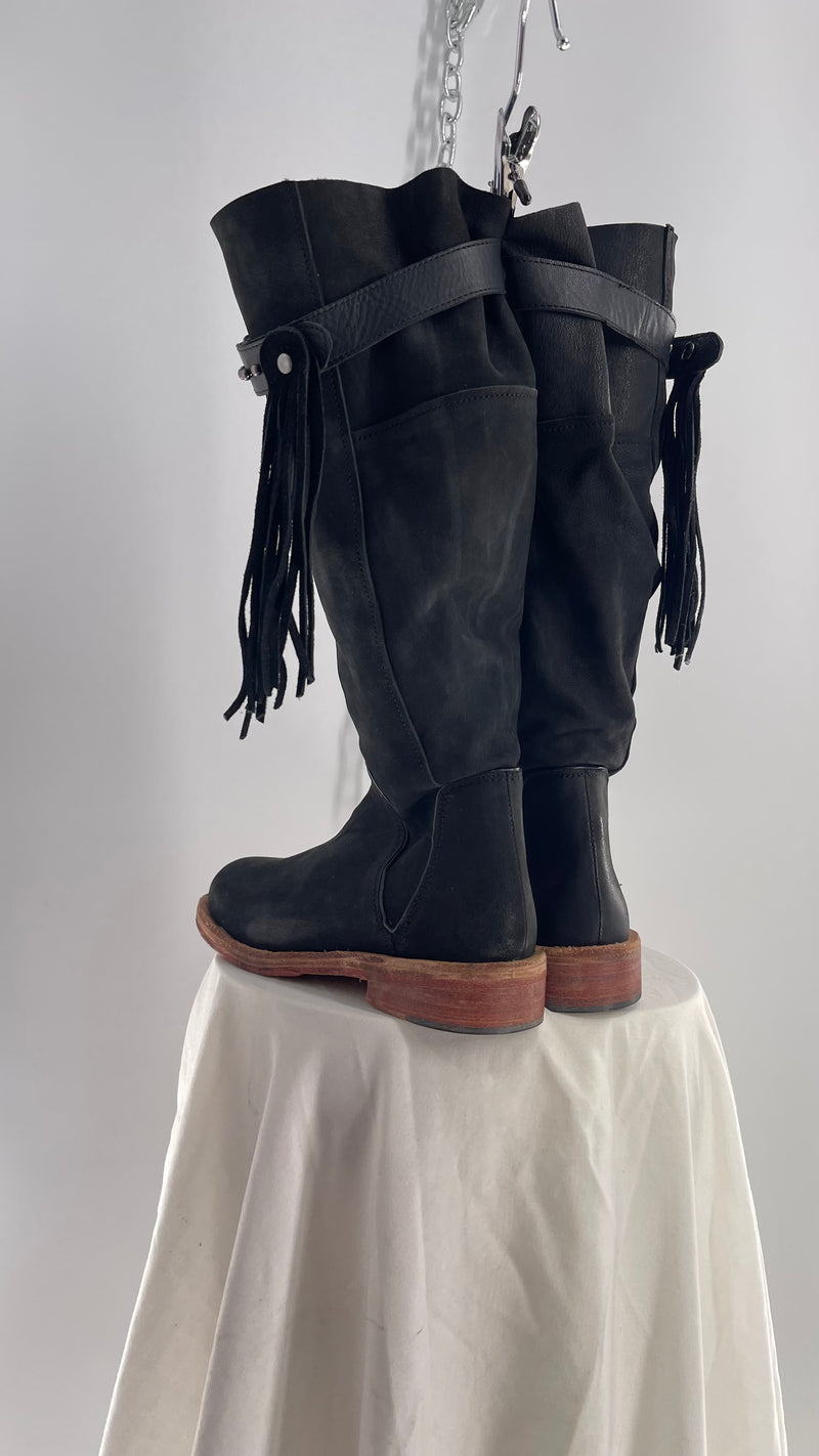 Free People Sayre Banks Slouchy Black Suede Leather Knee High Tassel Side Buckle Boot  (38)