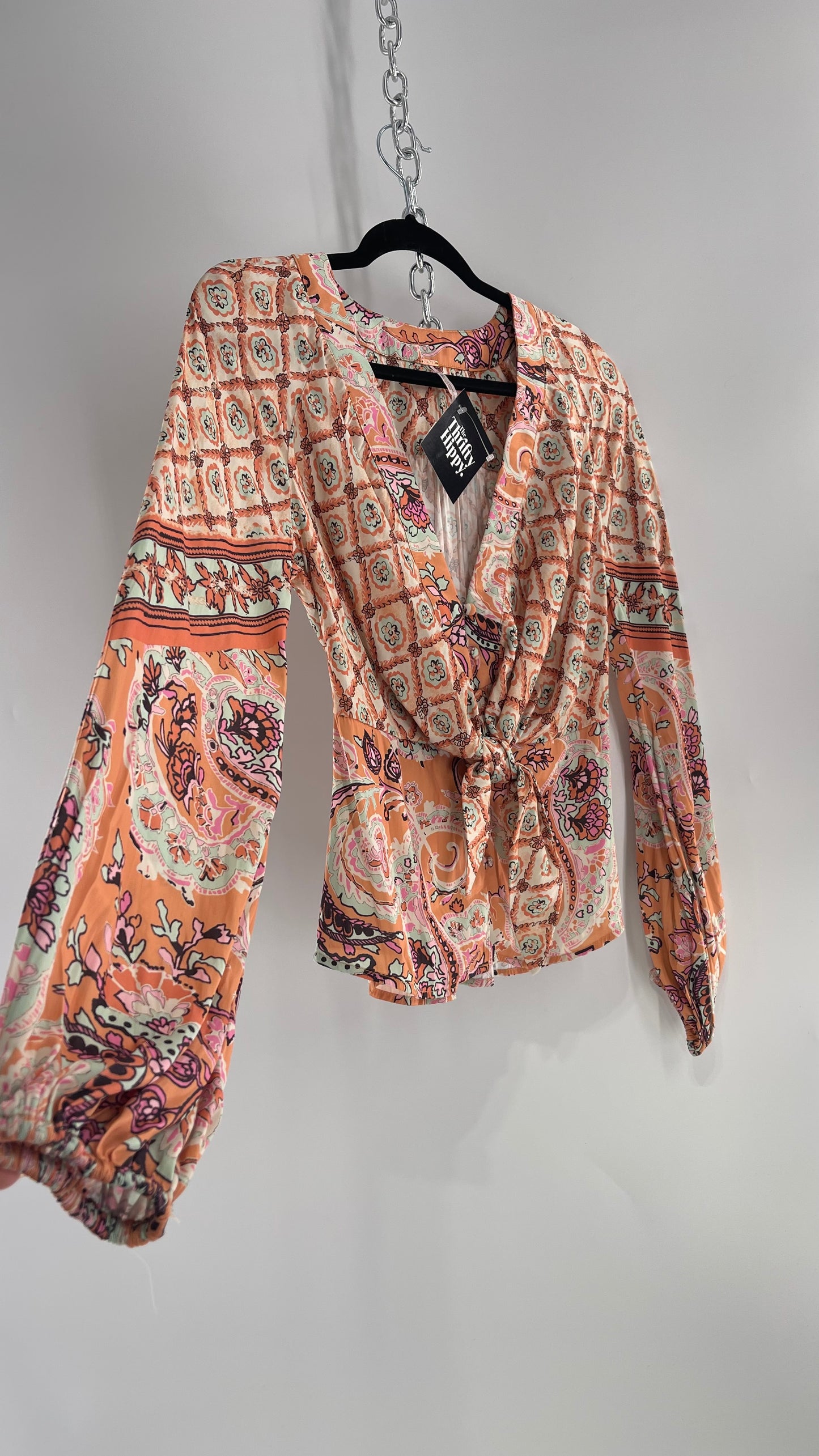 Free People Orange Pastels Paisley Blouse with Bust Tie and Balloon Sleeves (XS)