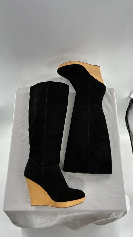 Vintage Black Genuine Suede Leather Knee High Boots with Skinny Wooden Wedge Heel (9)